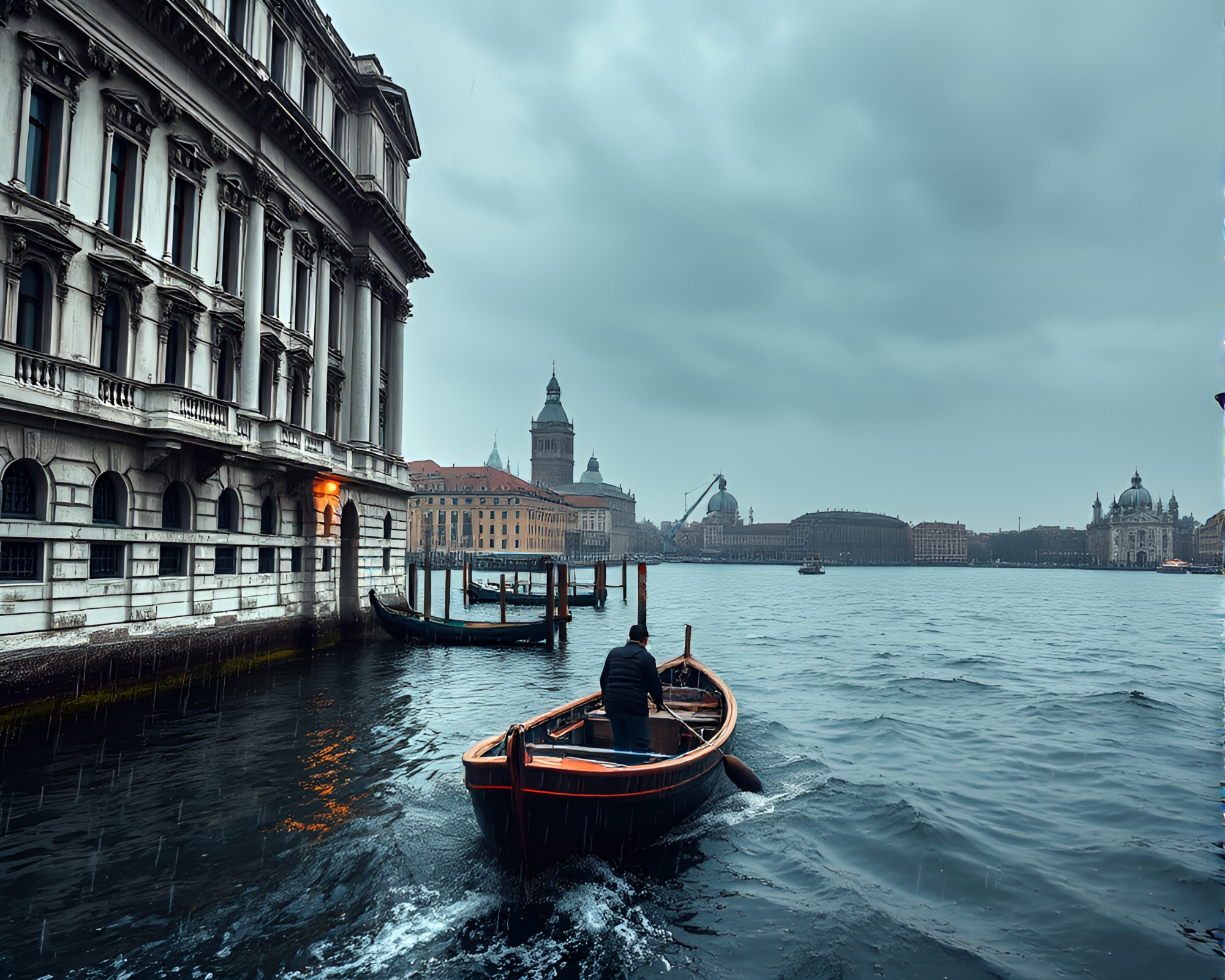 Gloomy Boat Sailing Through Rainy HDR Cityscape – free AI stock image