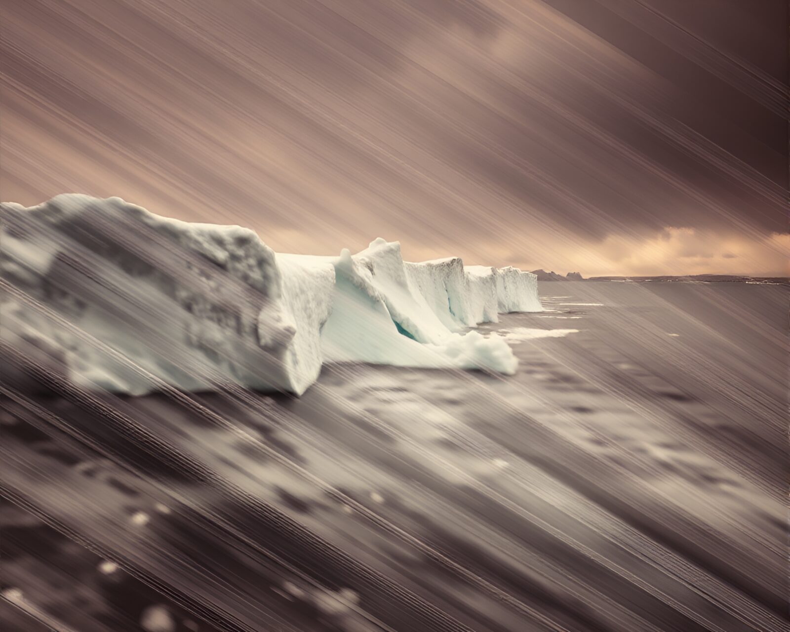 Soft focused diagonal lines of ice in sepia storm