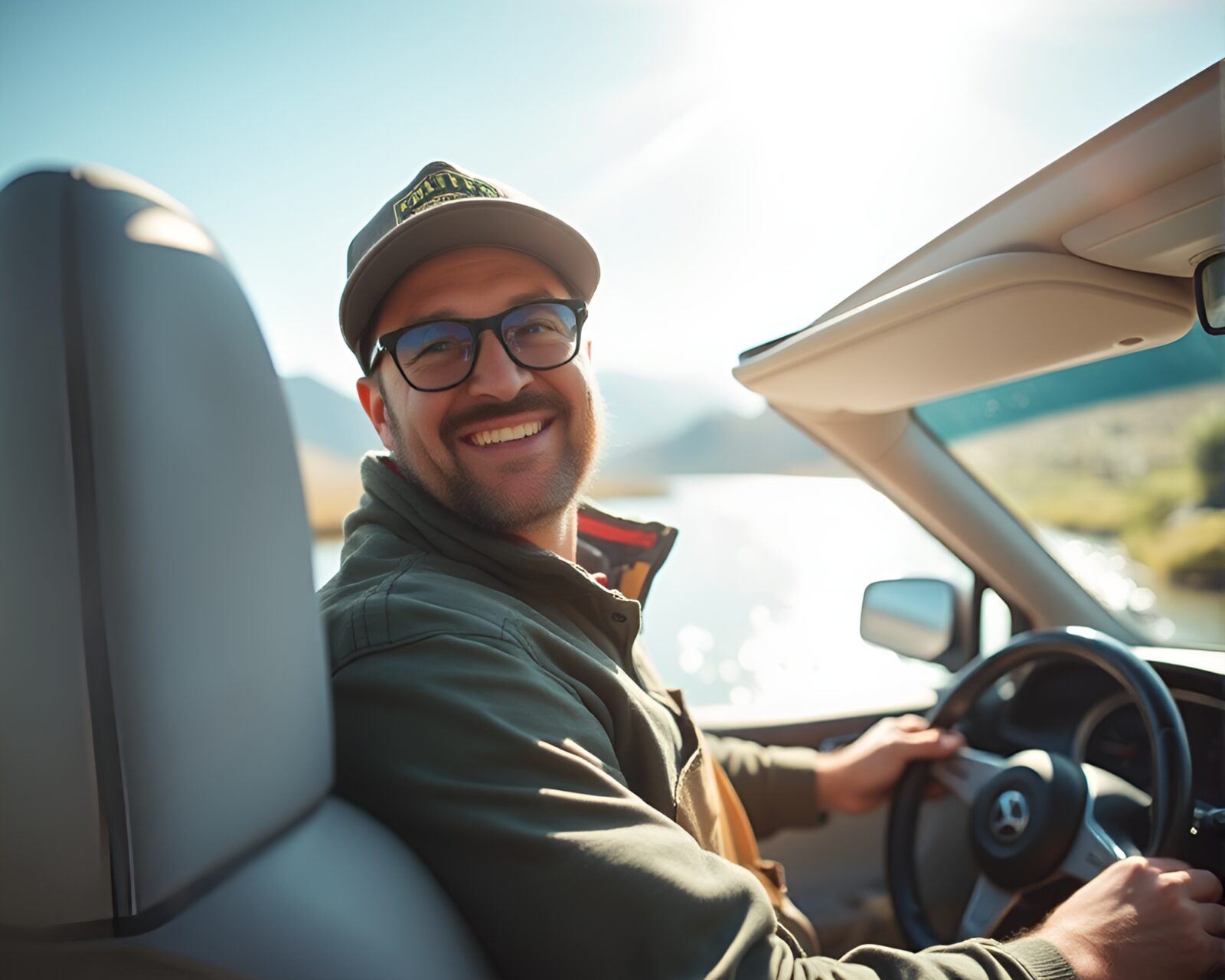 Fisherman happily driving a car in blurry background landscape