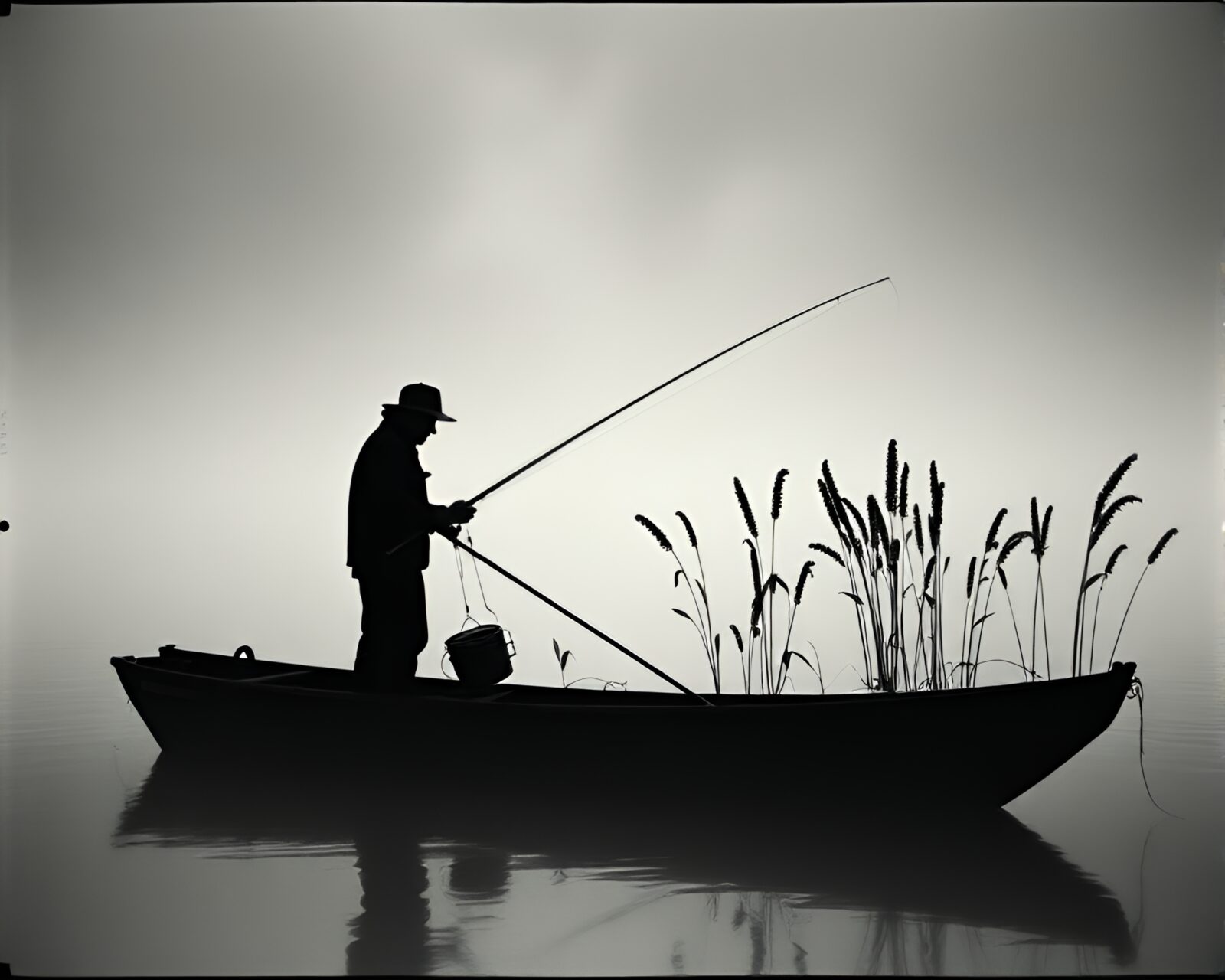Cold and mystical scene of a fisherman nurturing plants
