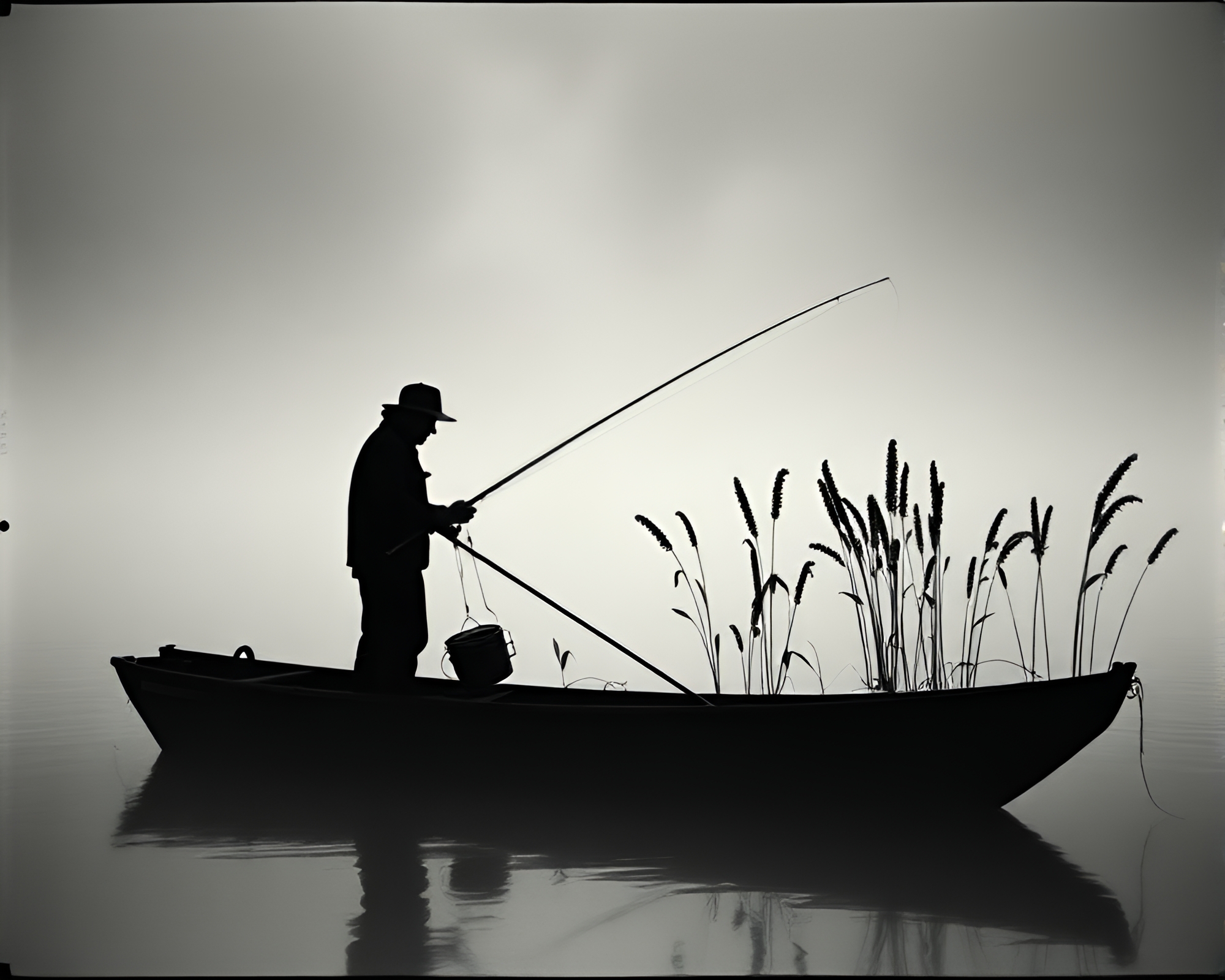 Ethereal Fisherman Watering Plants in Silhouette Film Grain – free AI stock image