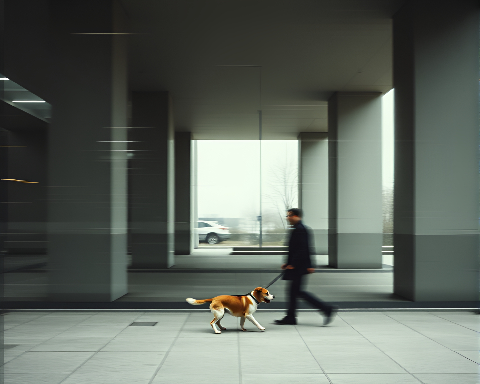 Urban Double Exposure: Man Walking Dog Through Modern Structures – free AI stock image