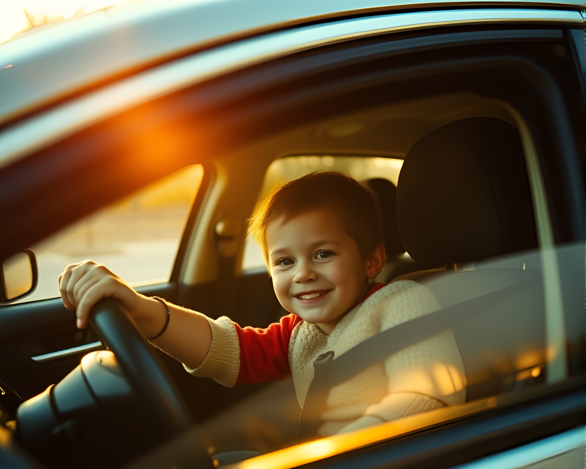 Energetic Child Driving Car at Sunset Adventure – free AI stock image