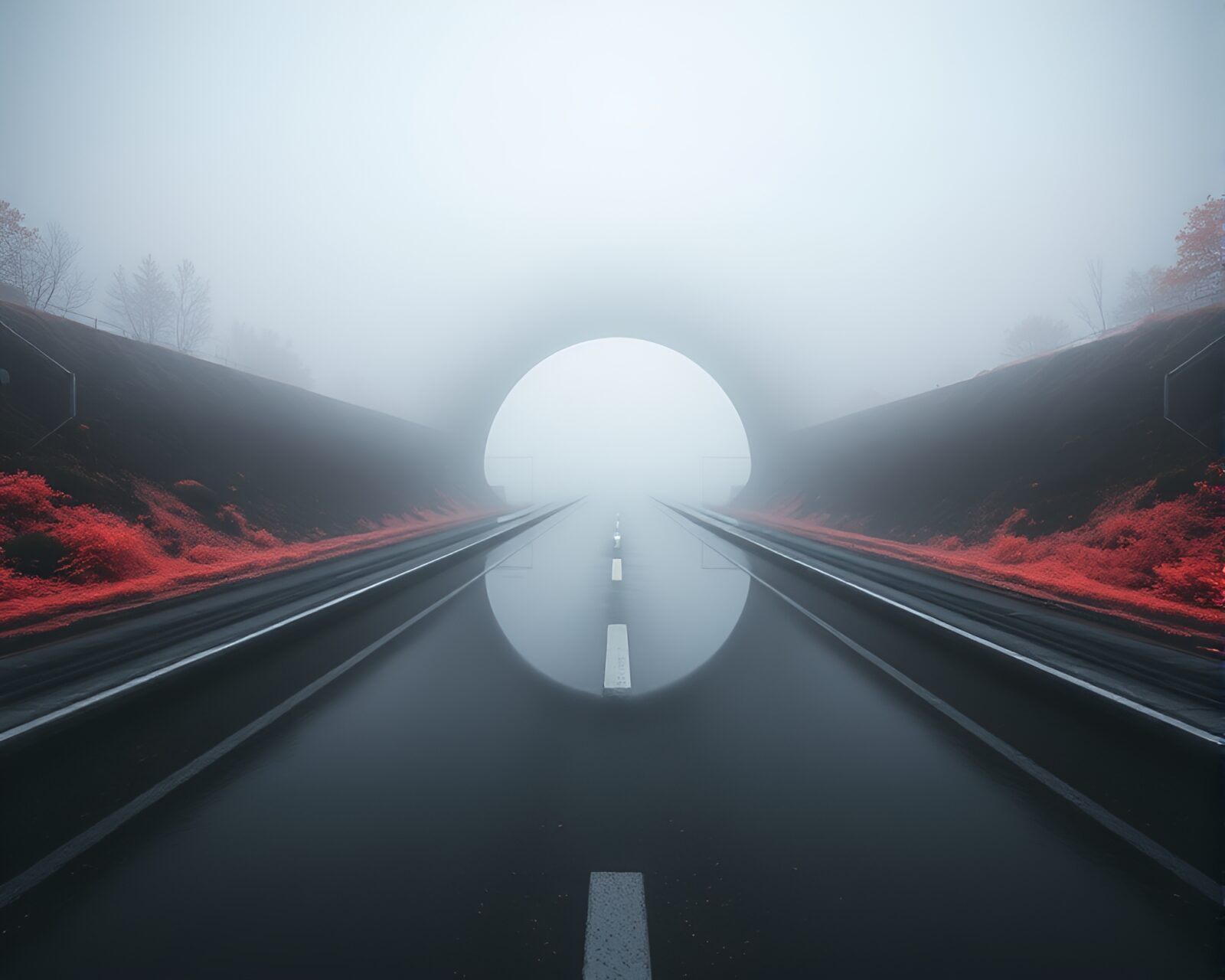 Minimalist and serene foggy tunnel entrance with infrared reflections