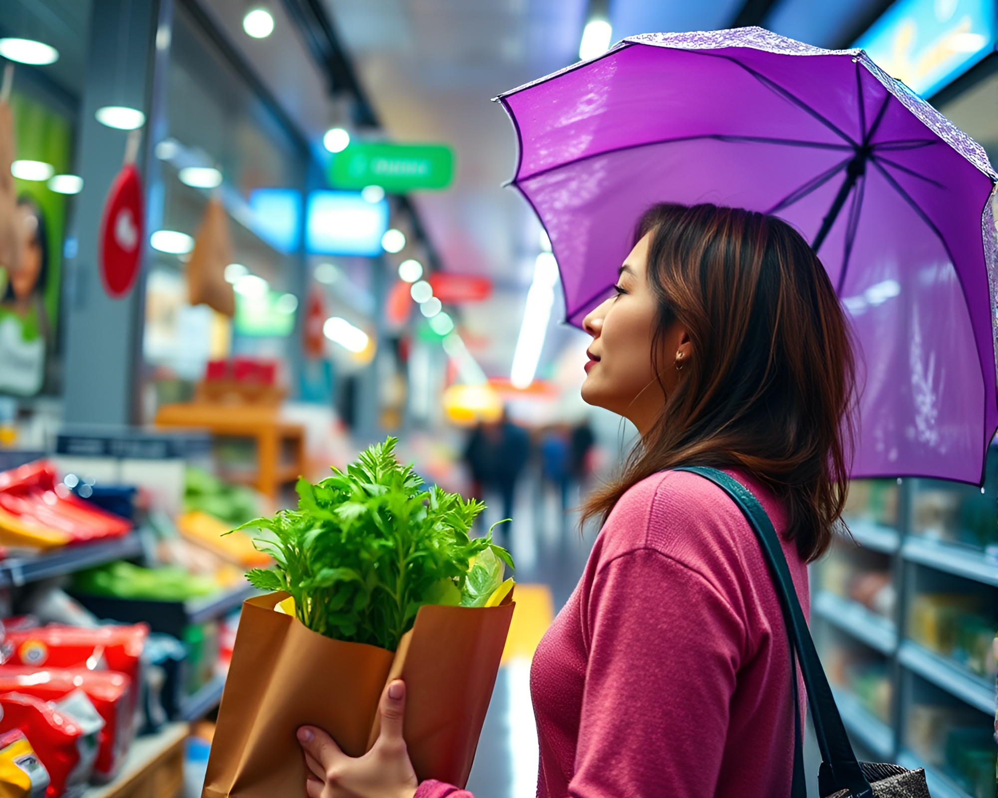 Neon Rainy Groceries Shopping – free AI stock image