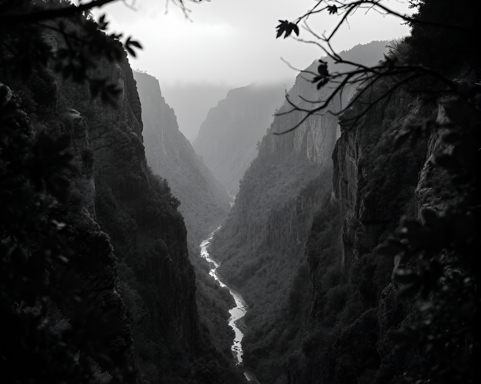 Misty canyon vista with rain and dramatic lighting