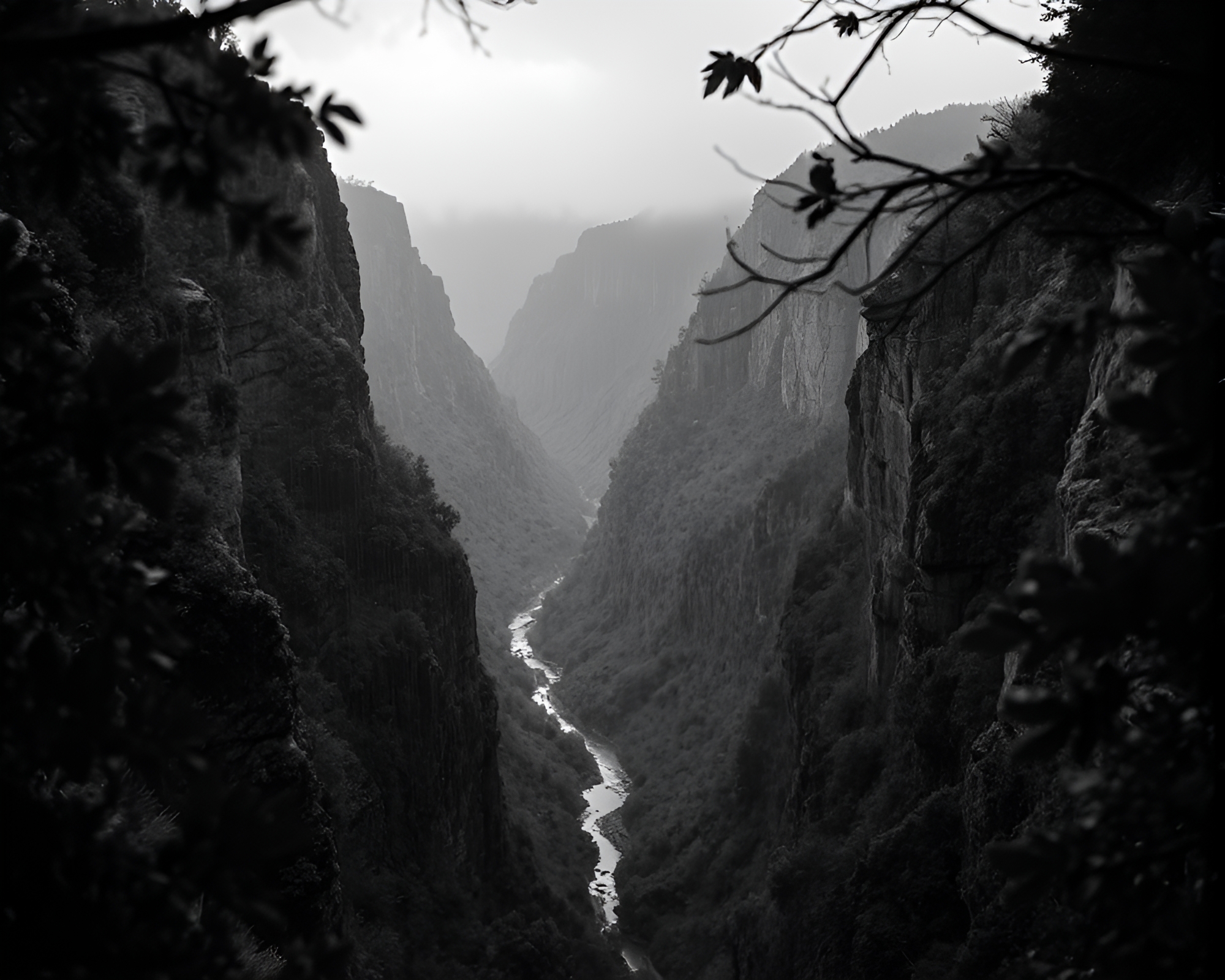 Ethereal Rain over Canyon Vista in Monochrome – free AI stock image
