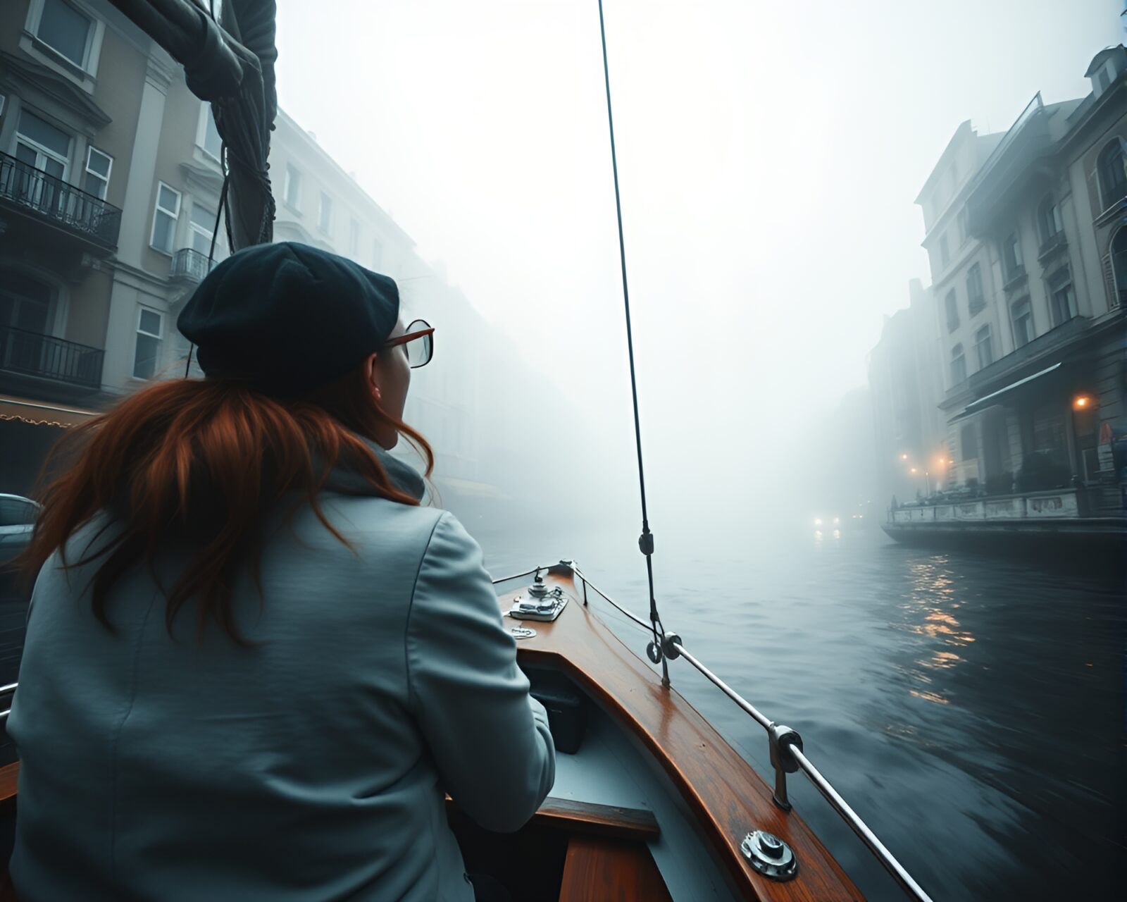 Moody cityscape in fog with reflection and blurred background