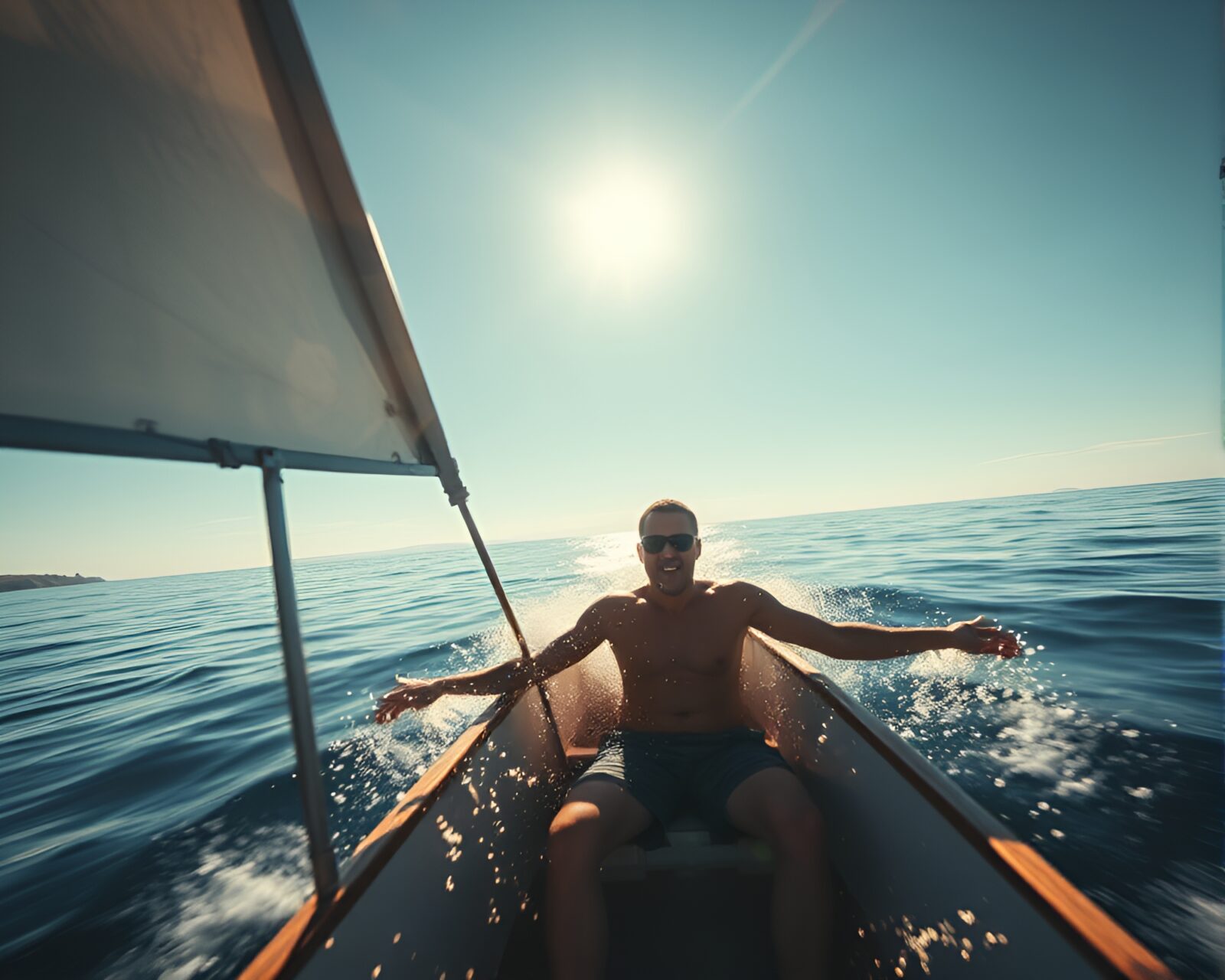 A peaceful and energetic swimmer sailing a boat in overlapping layers