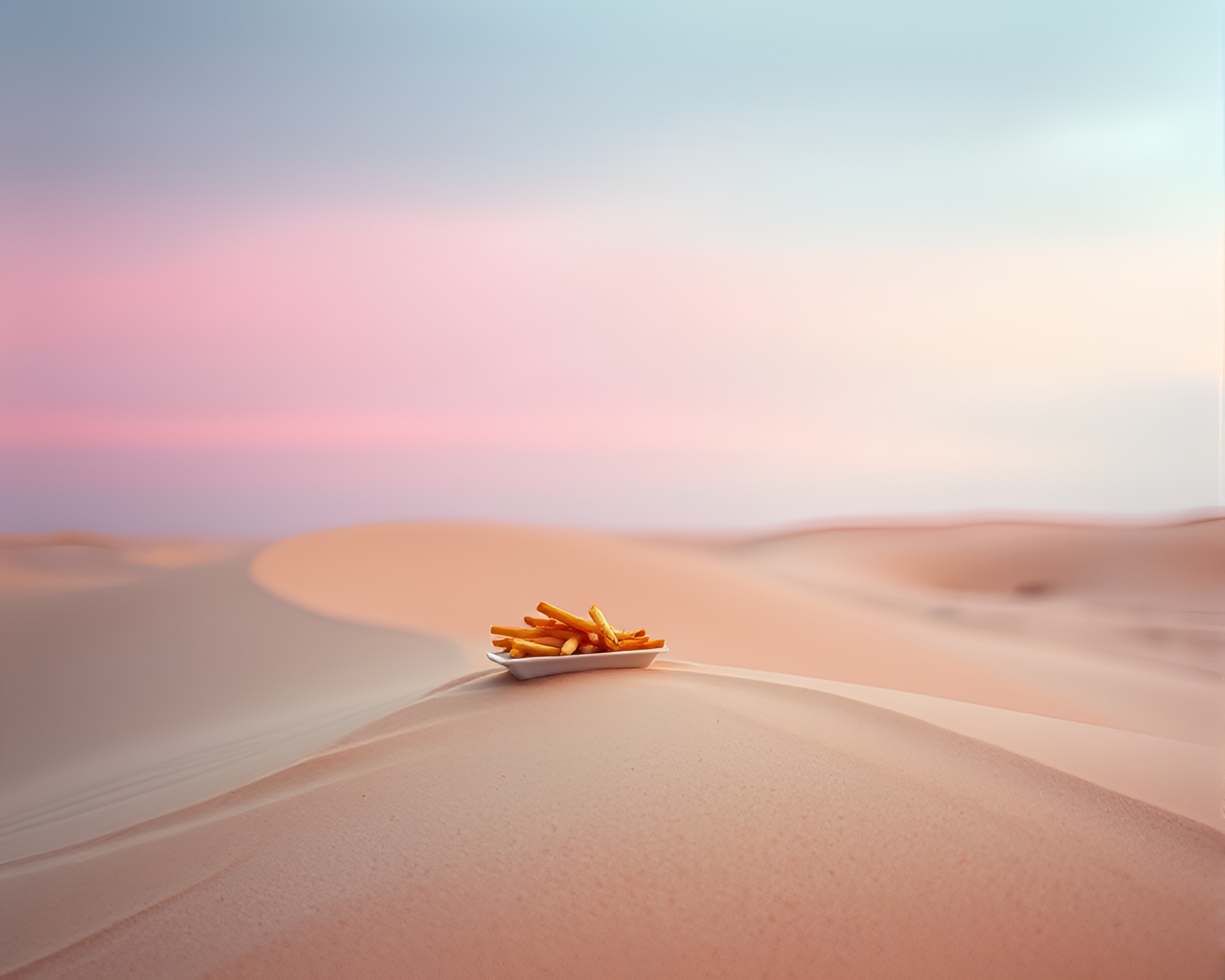 Warm Neon Food Photography on Overcast Sand Dune – free AI stock image