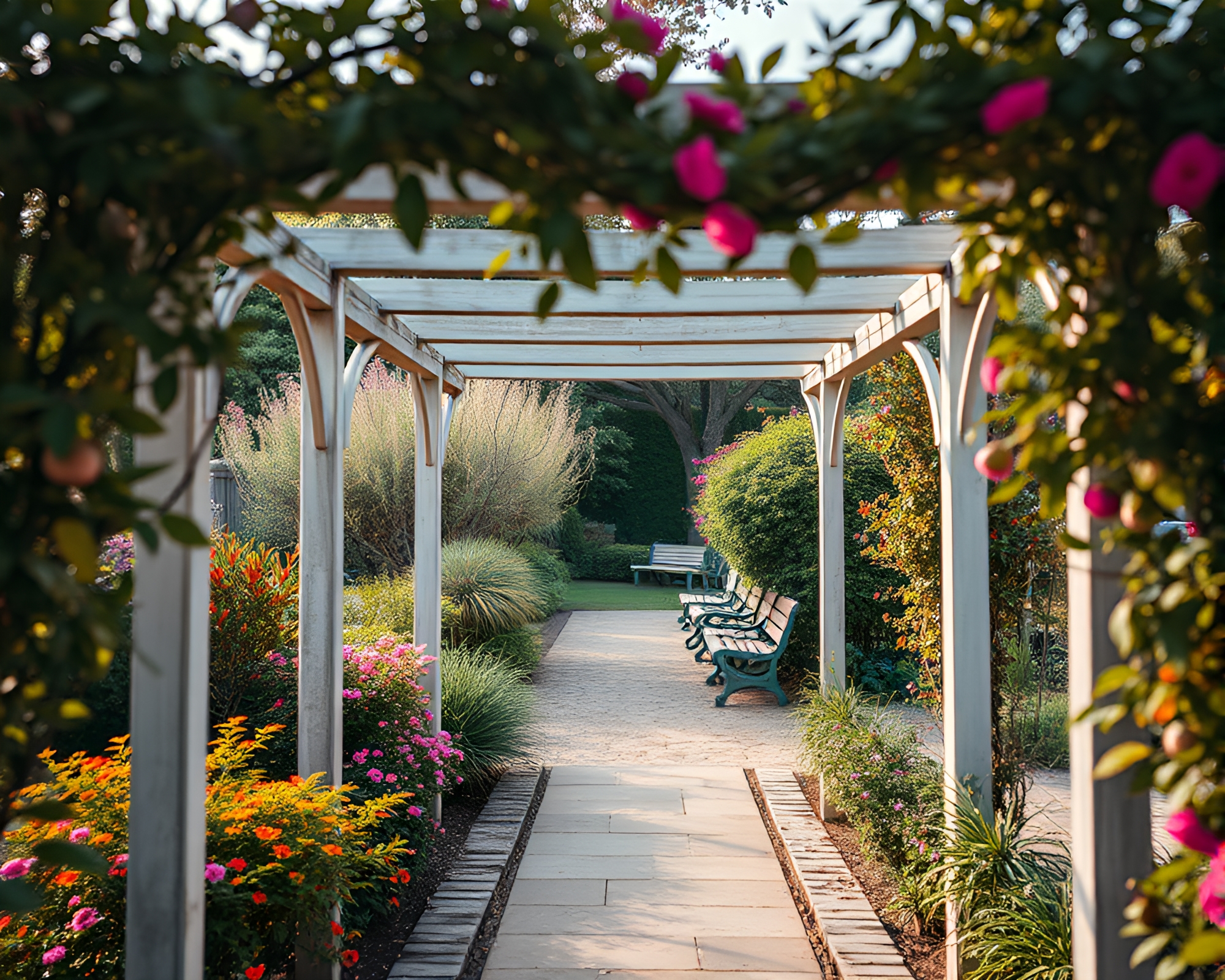 Ethereal Garden Path Captured in Vibrant Drone Photography – free AI stock image