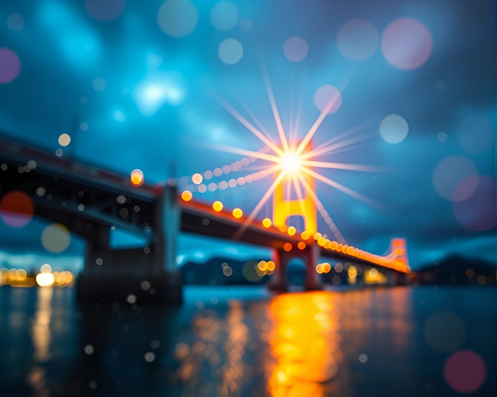 Digital photo of ethereal bridge with colorful bokeh highlights
