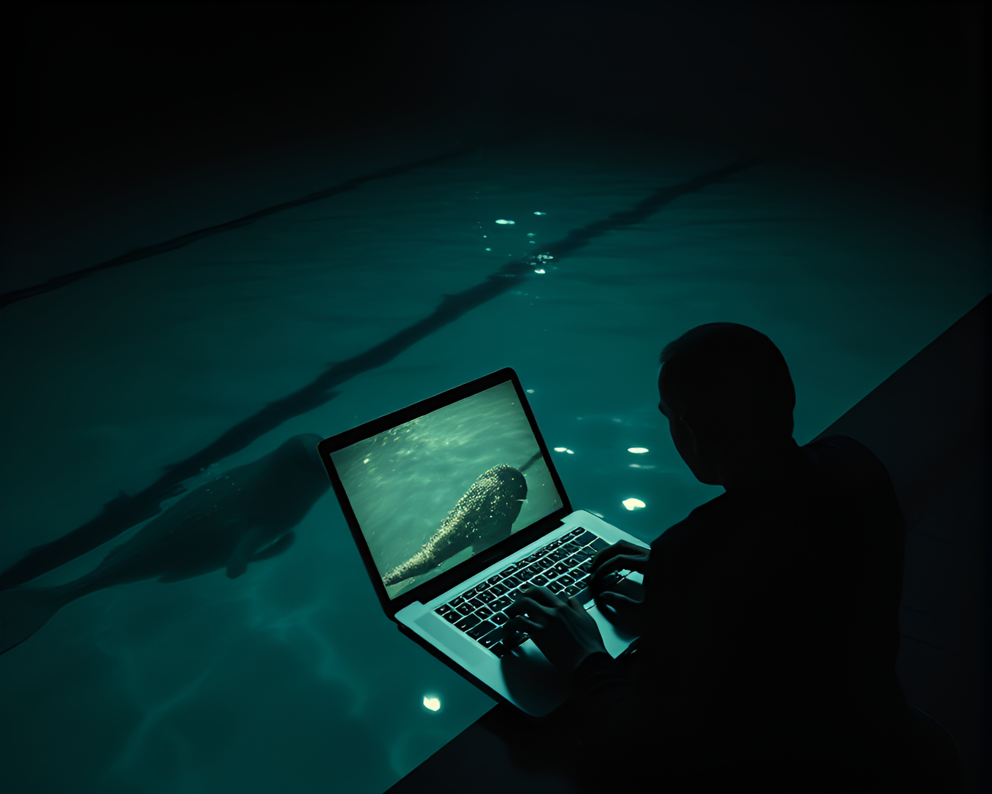 Swimmer’s Solitude: Vintage Laptop Typing Underwater – free AI stock image