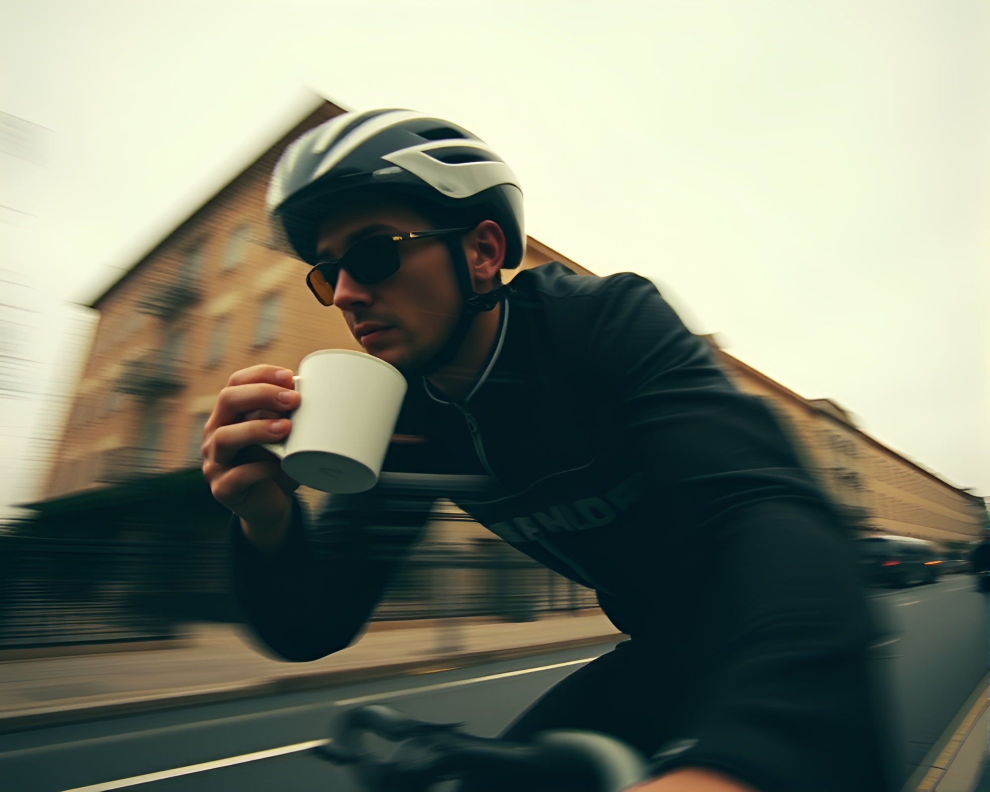 Vintage cyclist double exposure sipping coffee in motion blur – free AI stock image