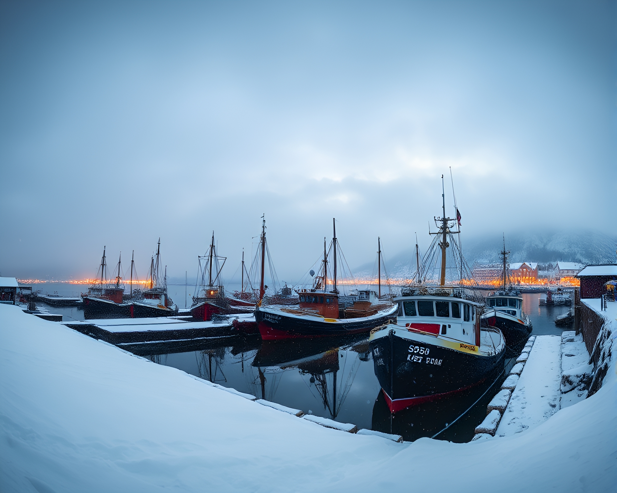 Snowy Harbor Panorama: Enigmatic Silhouette Emerge – free AI stock image