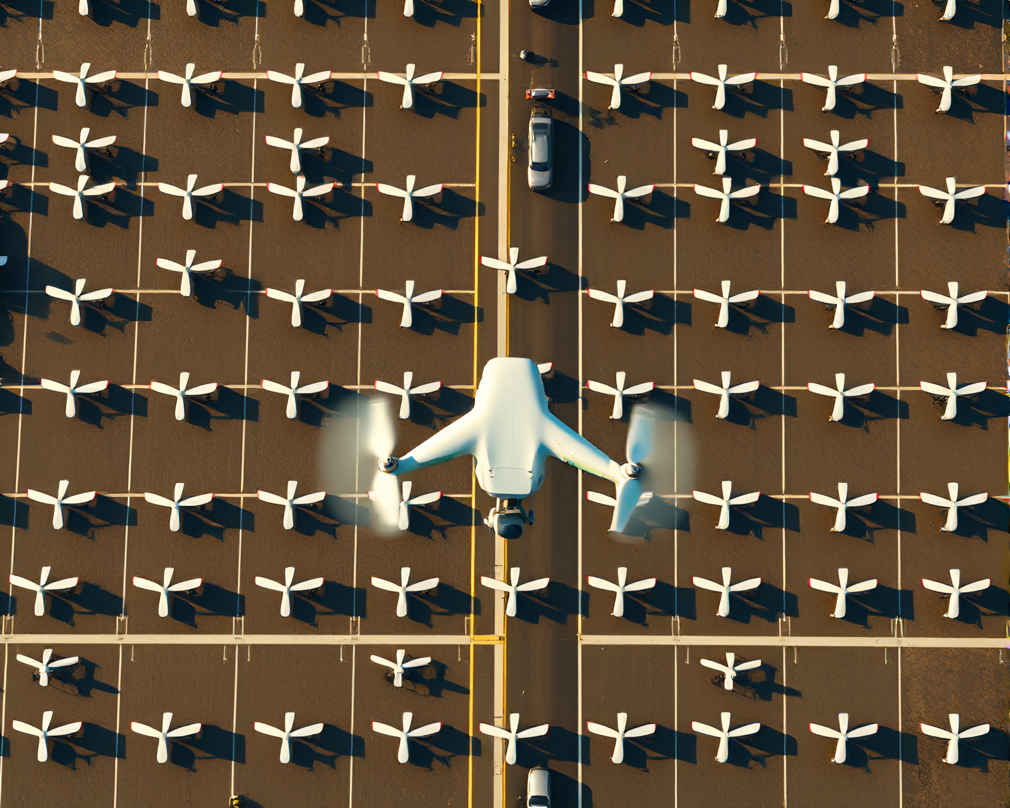 Sunlit drone flight in urban landscape contrasted – free AI stock image