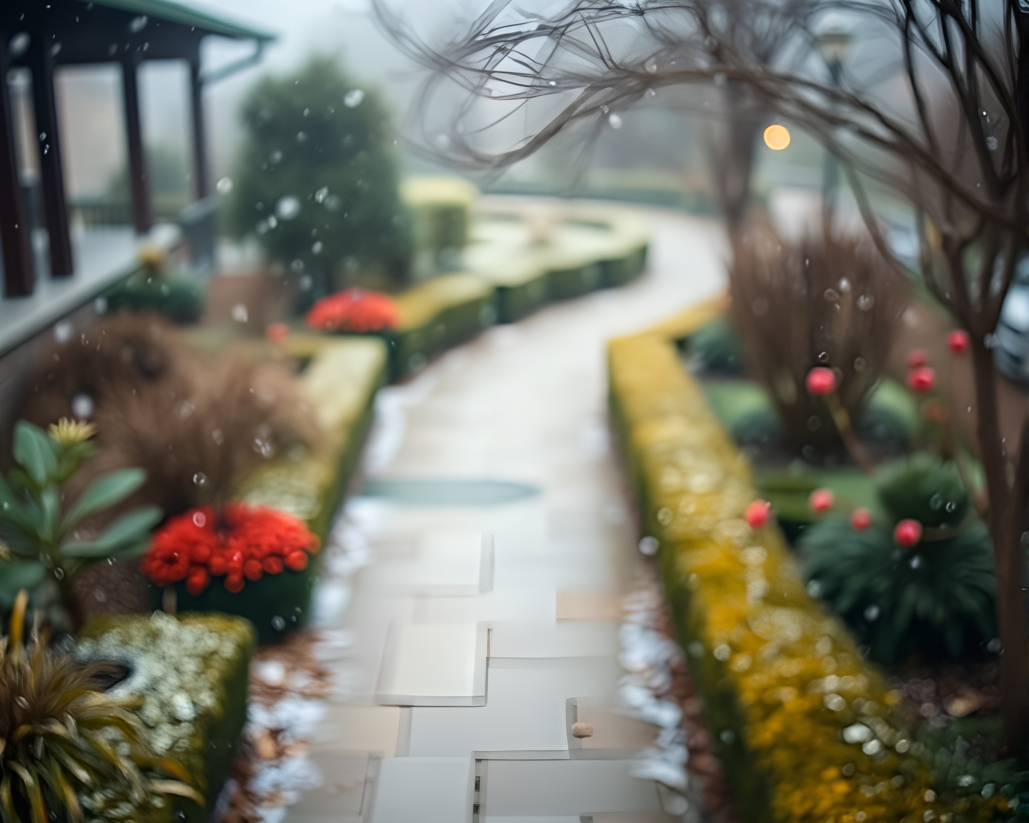 Foggy Garden Walkway with Foreground Interest in Cold Bokeh – free AI stock image