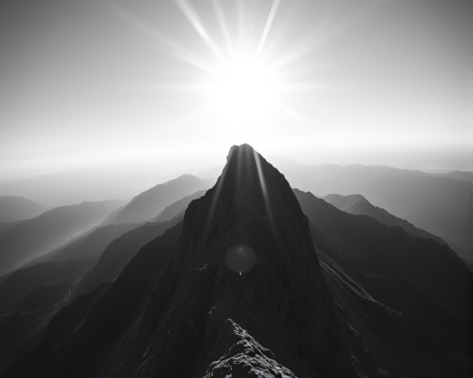 High-angle view of a calm mountain peak under dramatic lighting