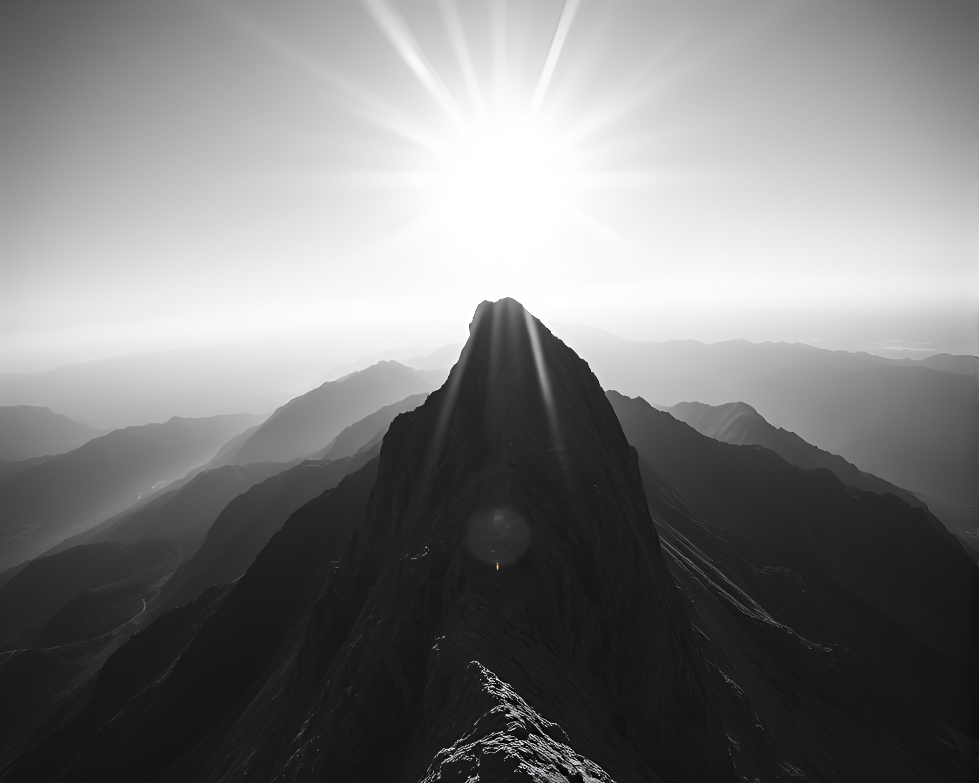 Sunny Mountain Peak in Monochrome Radiance – free AI stock image