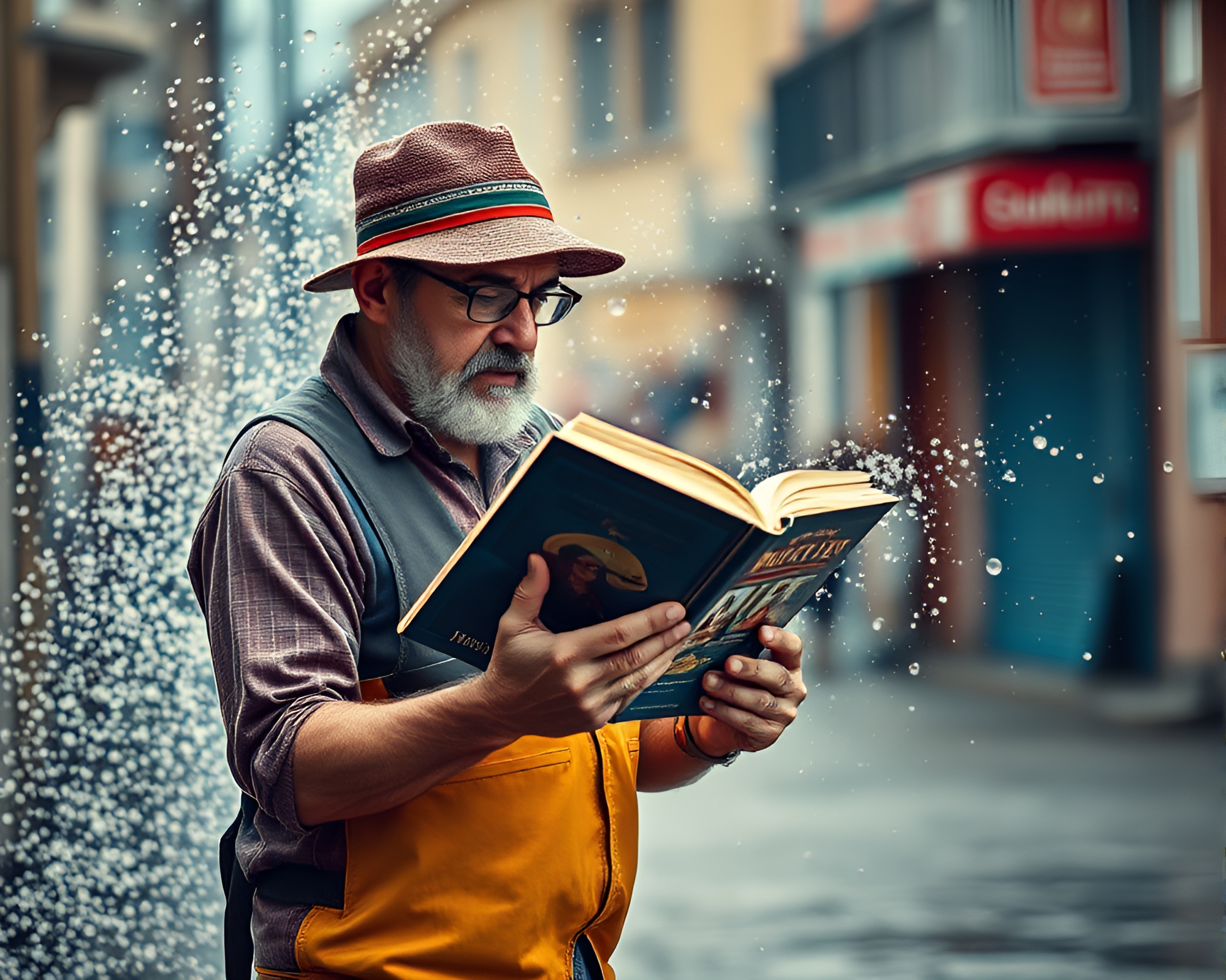 Fisherman Reading Book in Colorful City Setting – free AI stock image