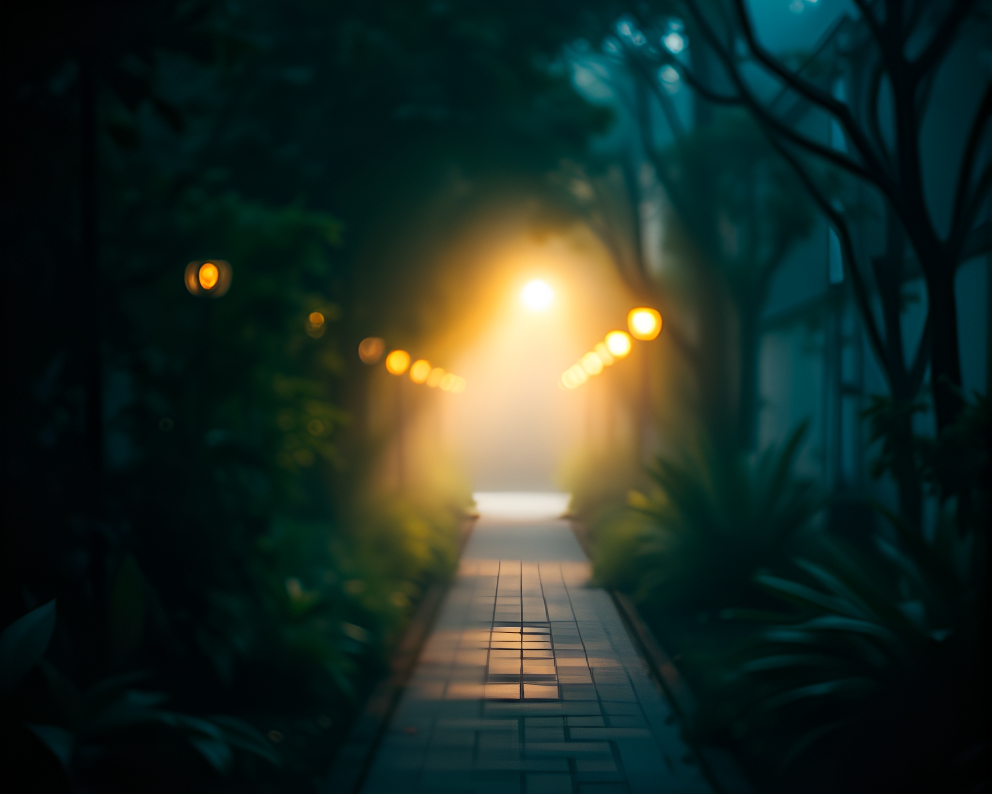 Enchanting Foggy Garden with Chaotic Lens Flare – free AI stock image