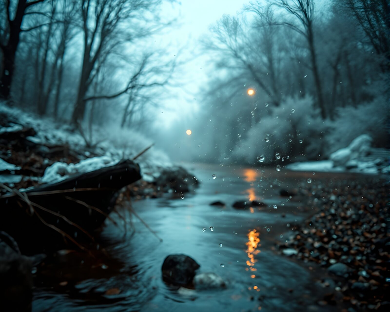 Soft focus color splash on rainy riverbank with cold tones