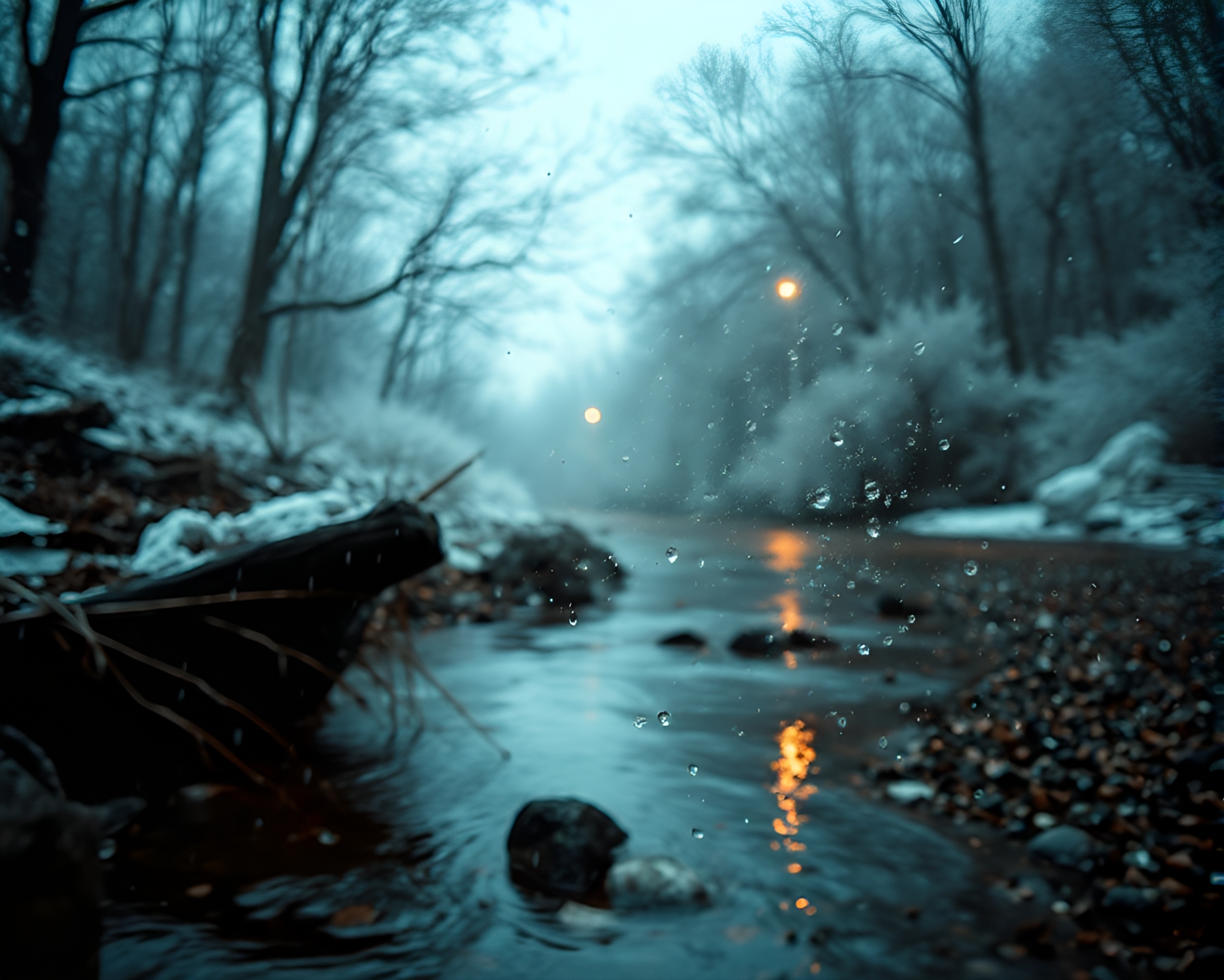 Serenity in Rain: Infrared Riverbank Reflections – free AI stock image