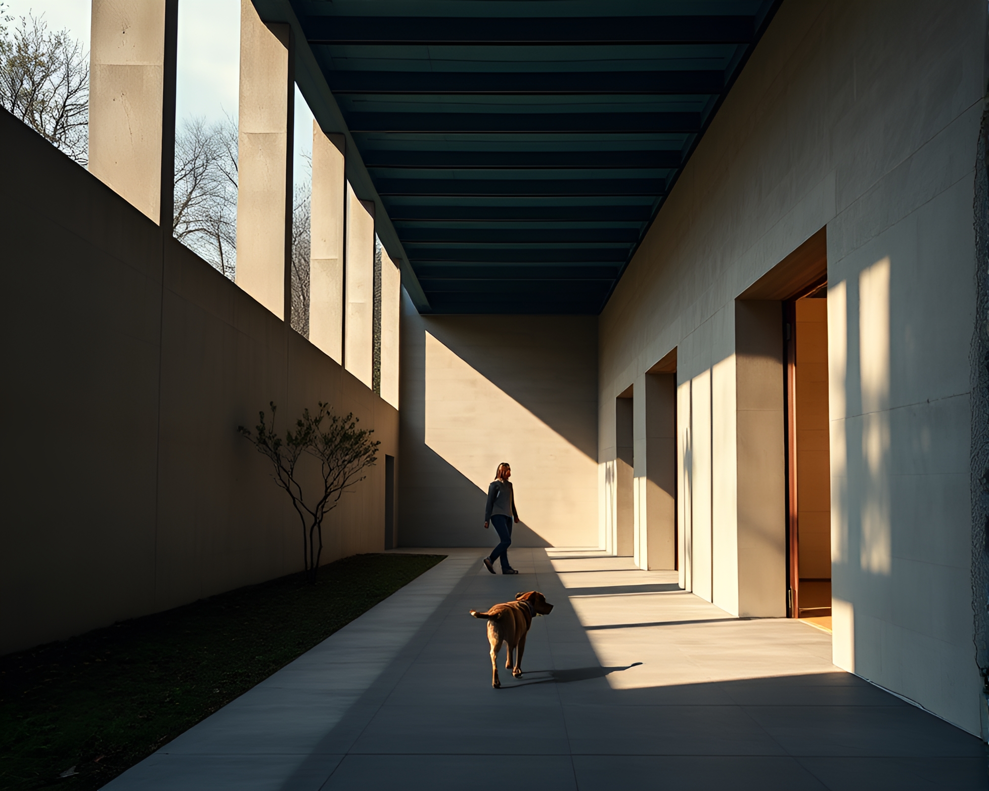 Dramatic Urban Dog Walk Through Architectural Frames – free AI stock image