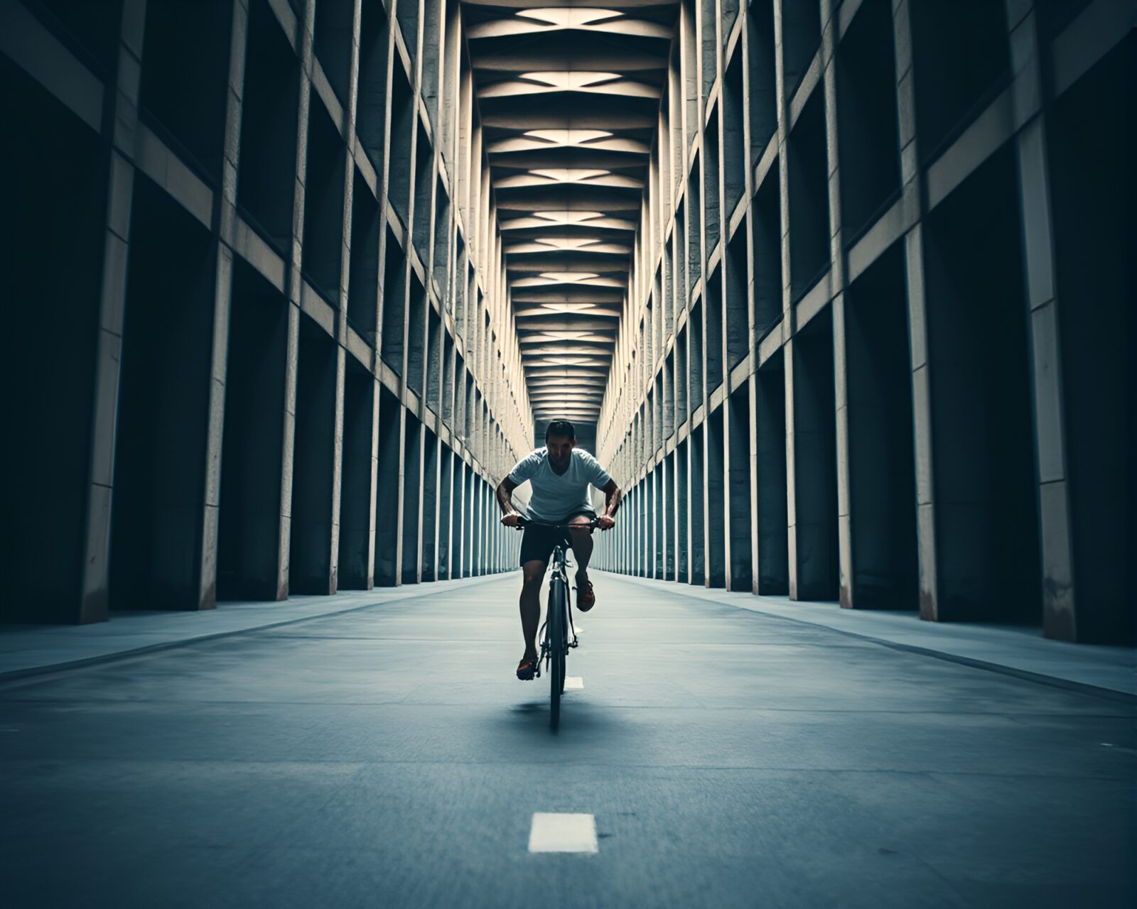 Wide-angle perspective captures runner on bike amidst urban architecture.