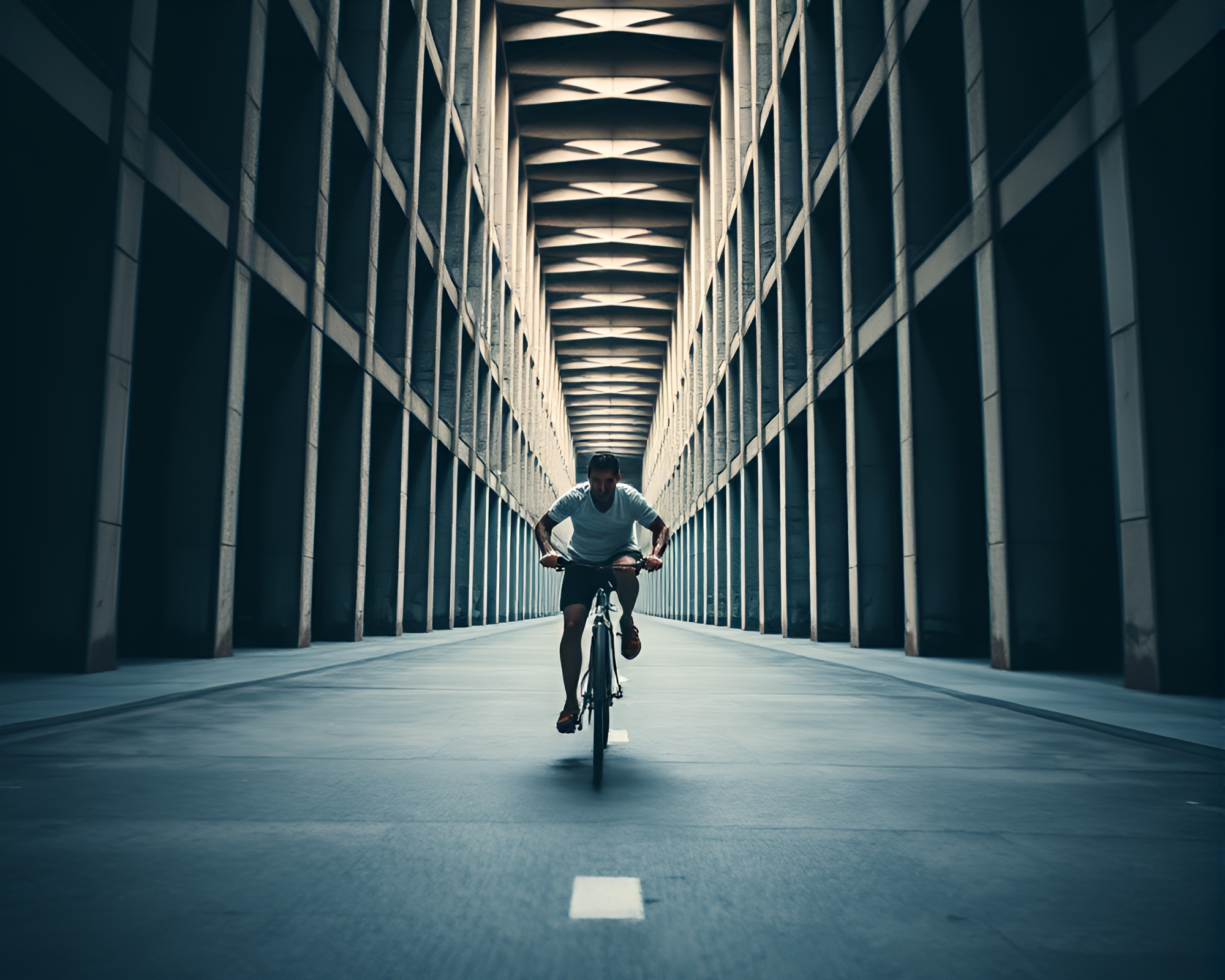 Gritty Urban Runner on Bicycle in Bokeh Architectural Frame – free AI stock image
