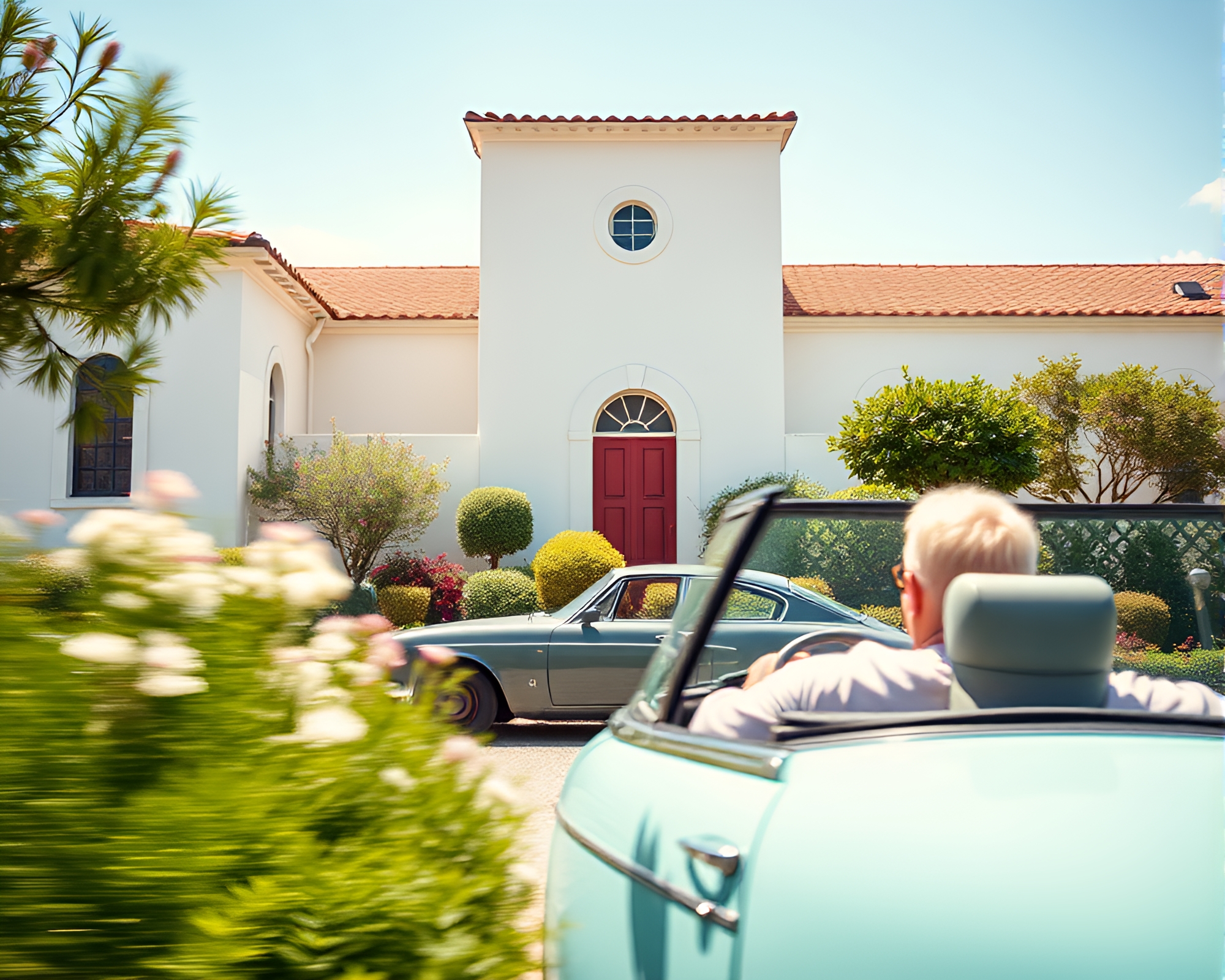 Gardener Cruising Through Pastel Architectural Paradise – free AI stock image