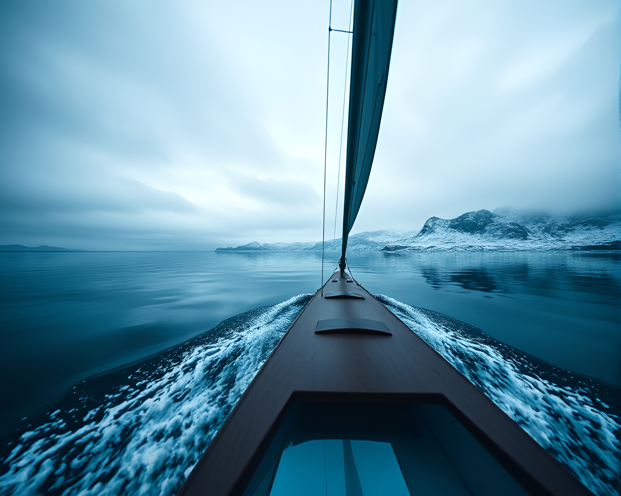 Moody Skier Sailing Boat in Reflective Landscape – free AI stock image