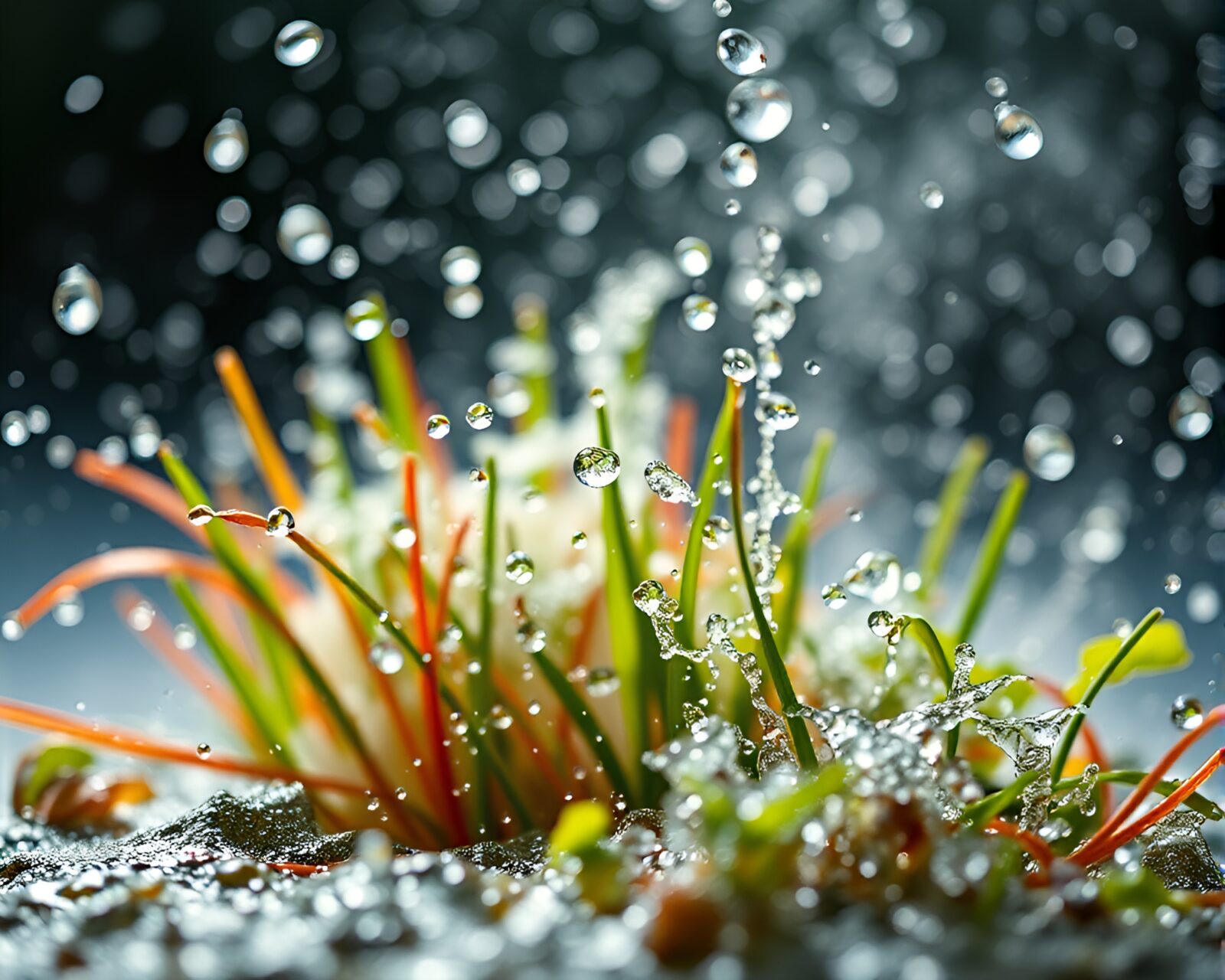 Macro photo of a chef watering vibrant plants with dreamy lighting