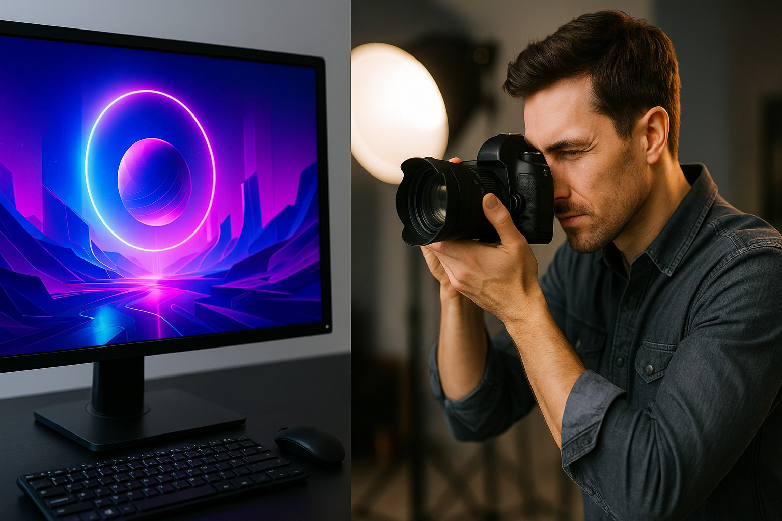 Photographer with camera beside computer screen