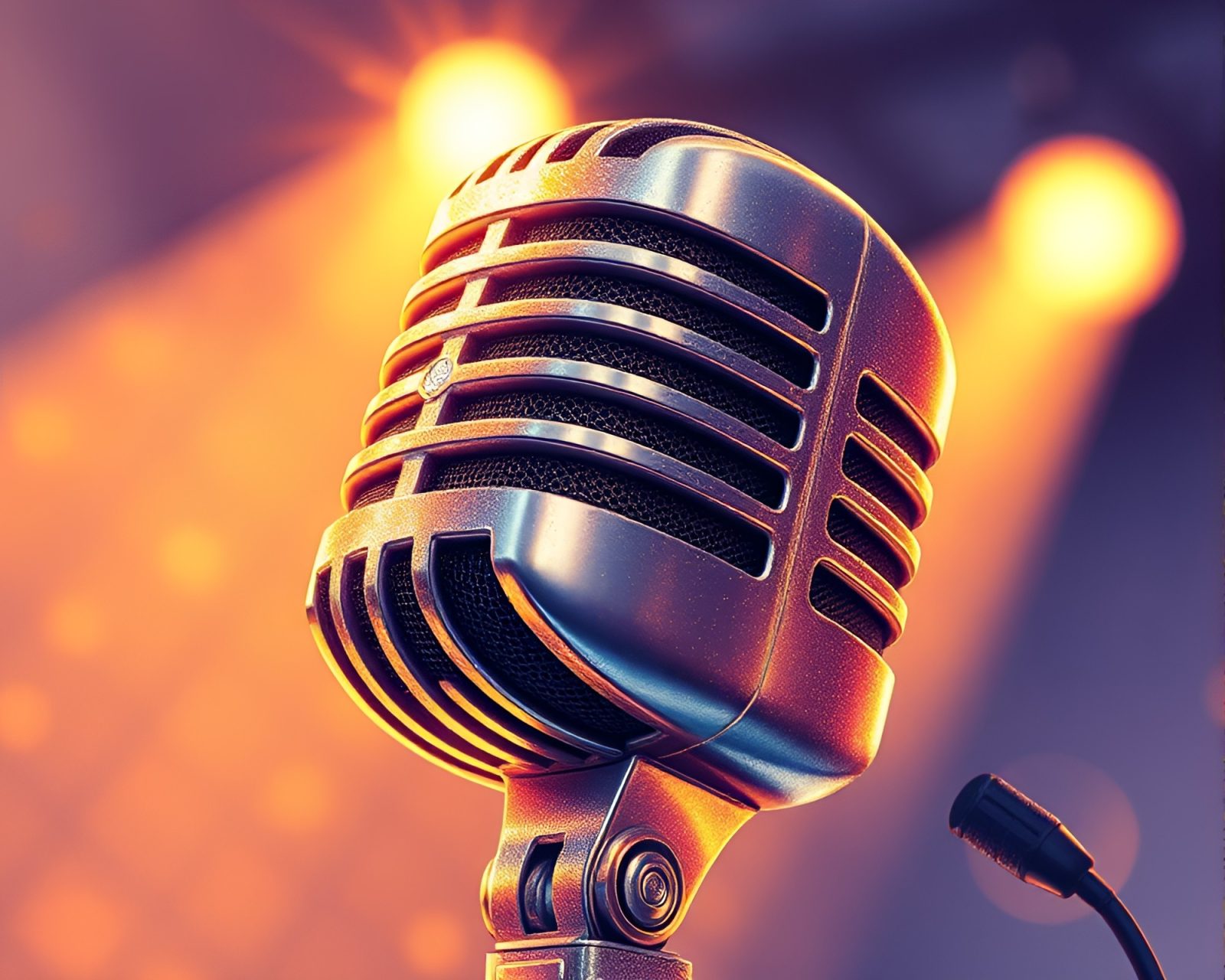 A luxurious microphone glowing under a bright crystal light