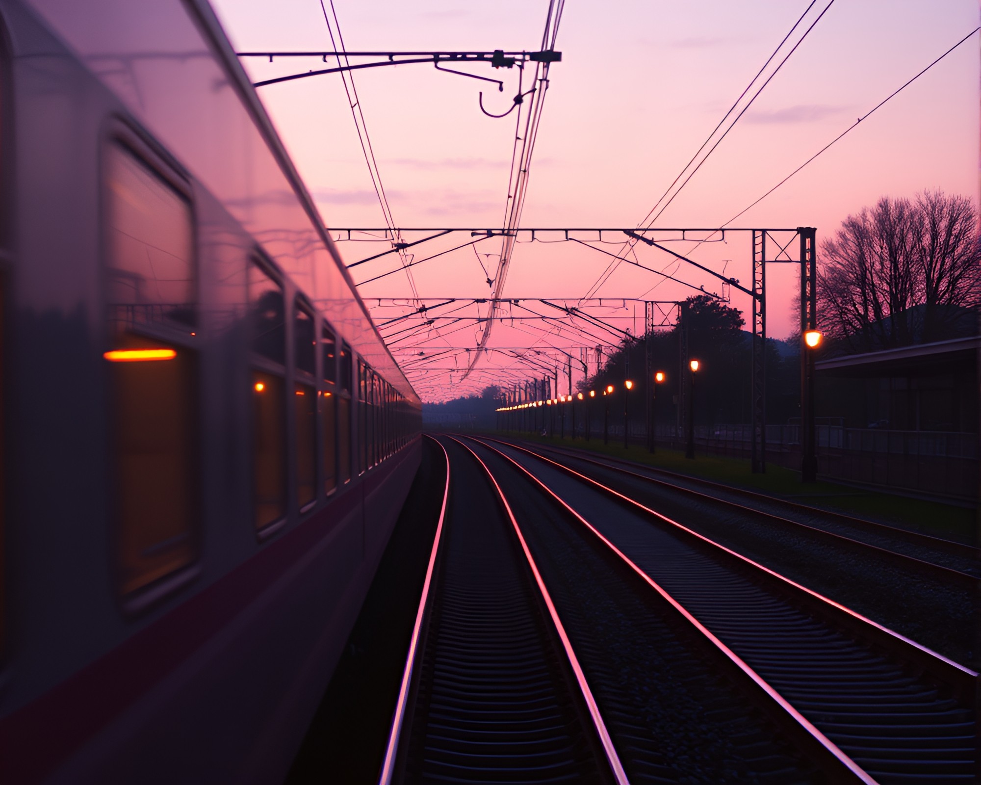 Vaporwave Train Light Trails with Pocket Sundial Glimmer – free AI stock image
