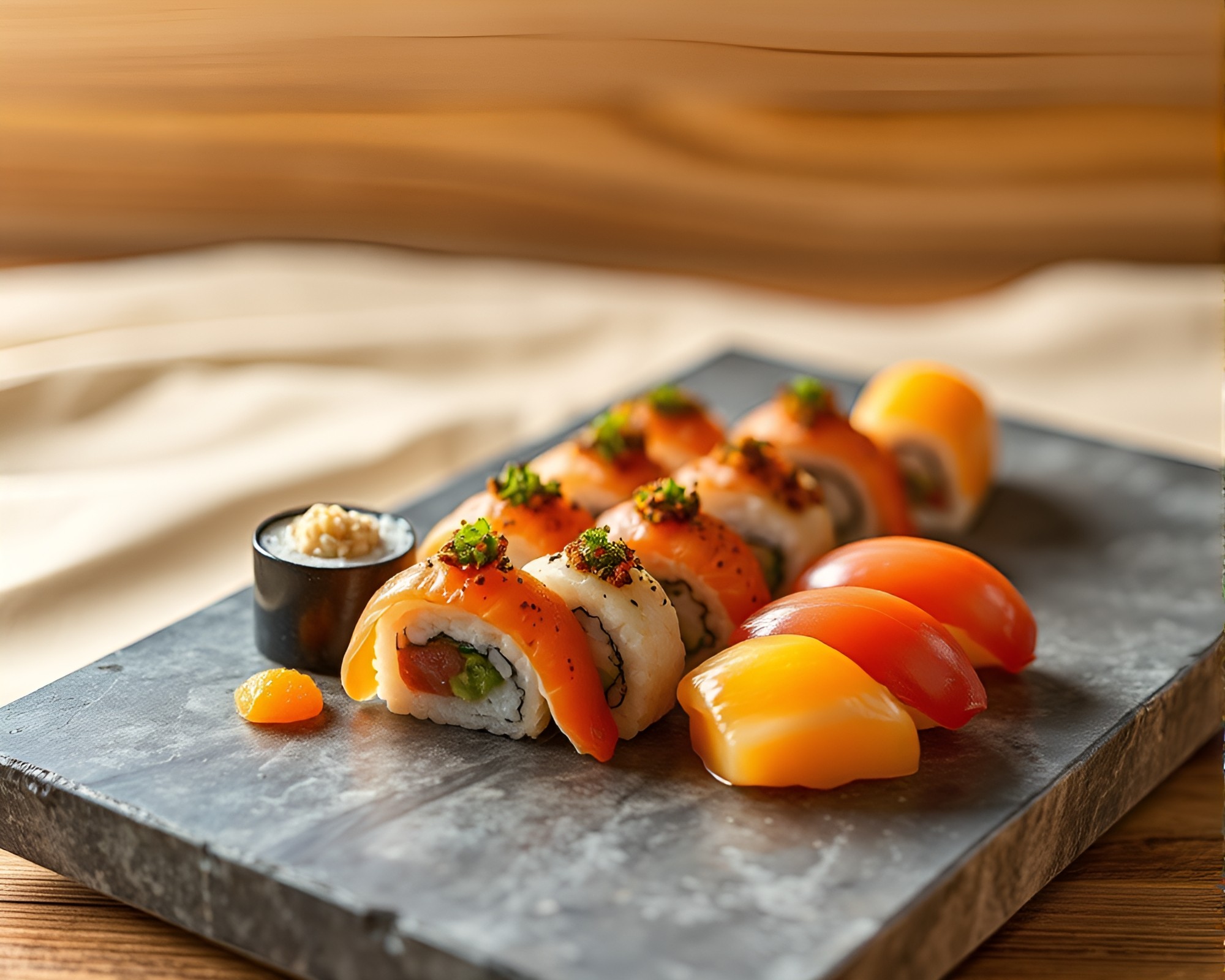 Sushi Platter under Desert Sunlight in Ecorche Style – free AI stock image