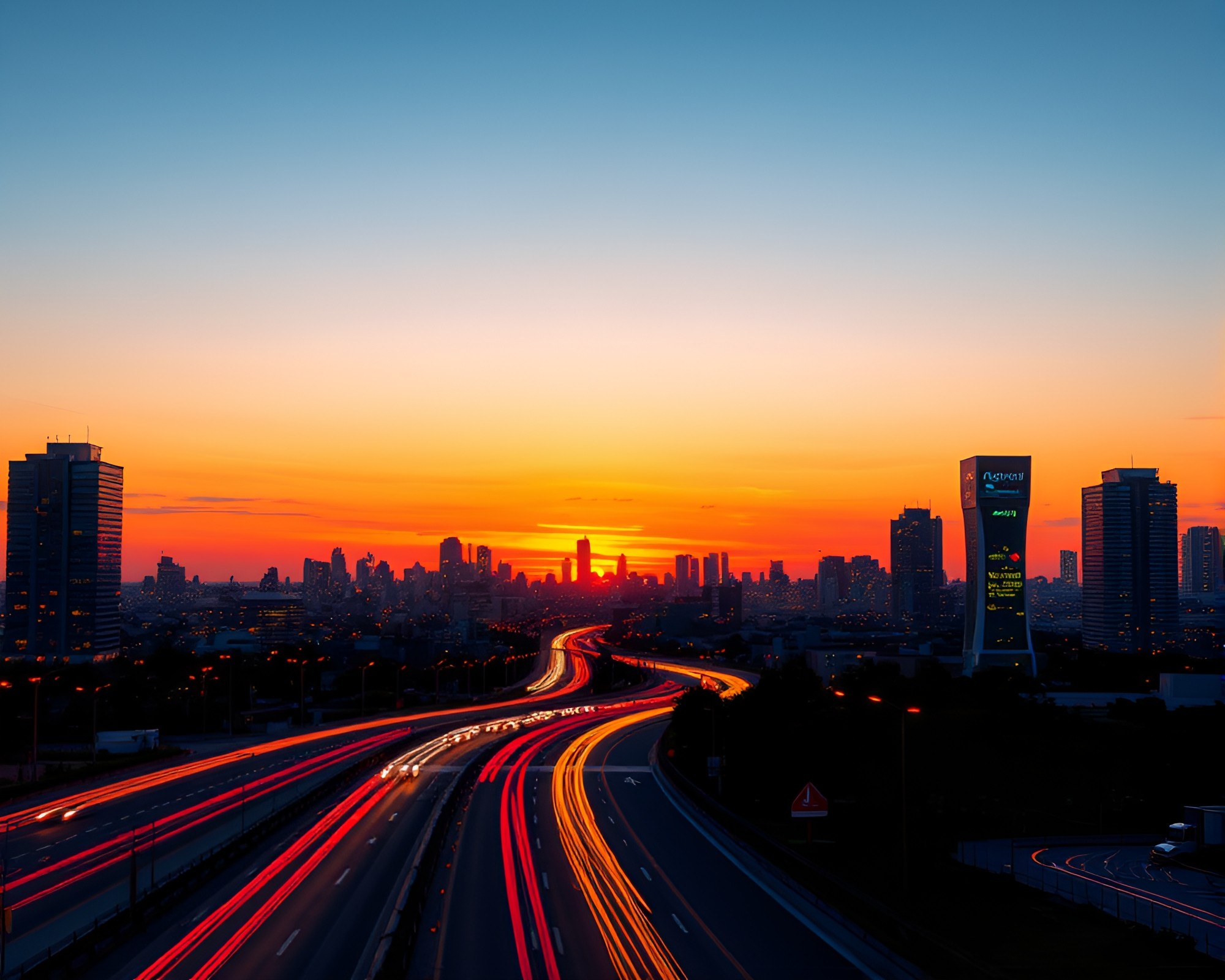 Cityscape at Twilight: Car Light Trails Mosaic Art – free AI stock image