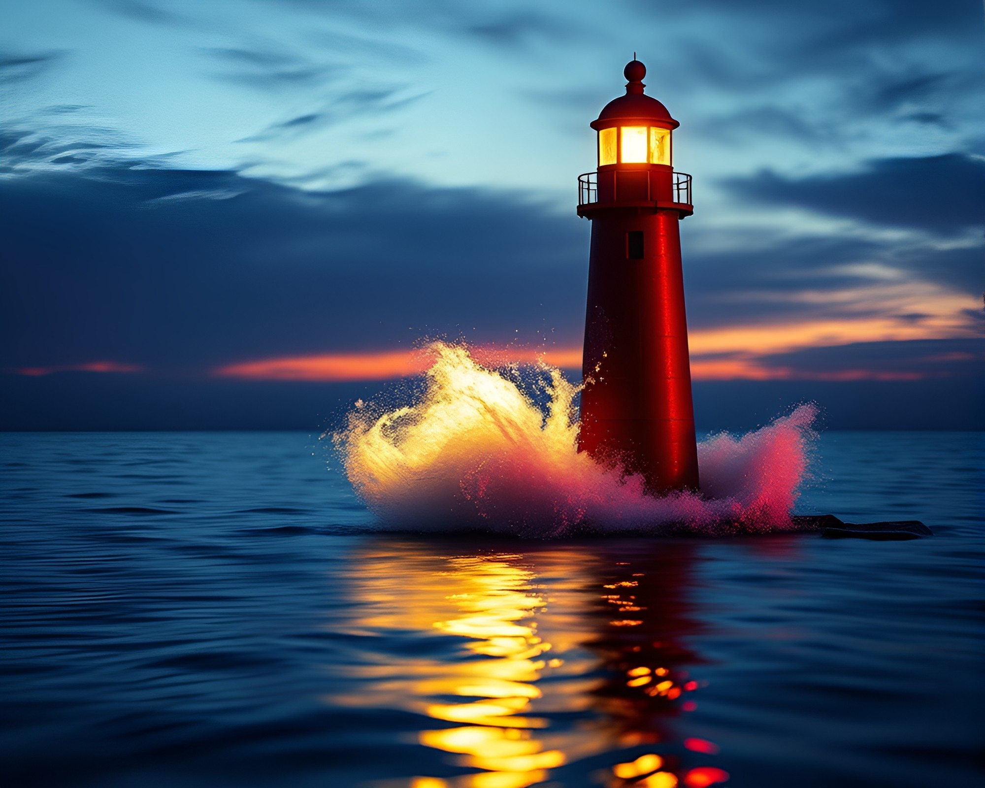 Mystical Lighthouse Illuminated by Lantern Light on Water – free AI stock image
