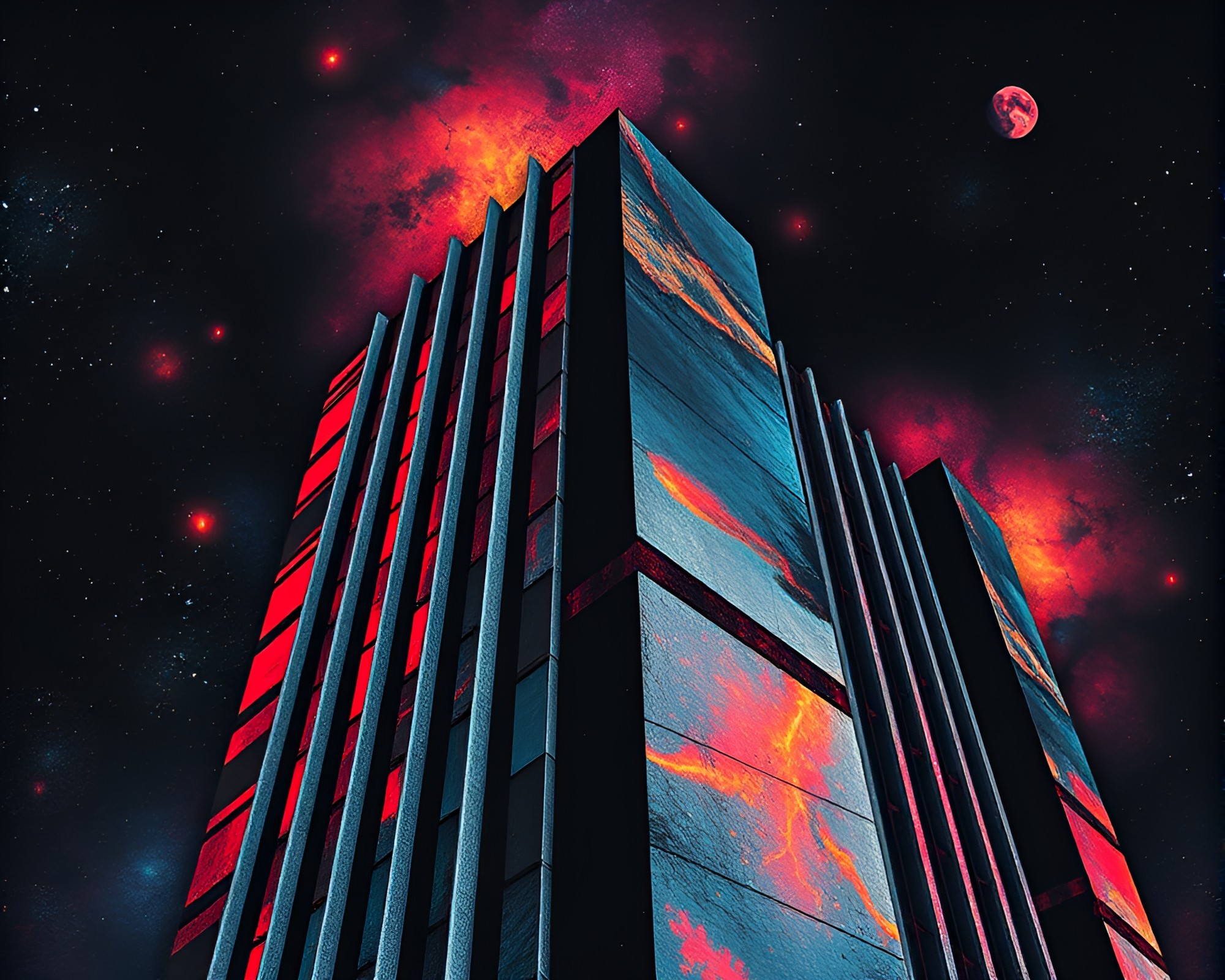 Galaxy Noir: Brutalist Building in Galaxy-Inspired Colors – free AI stock image