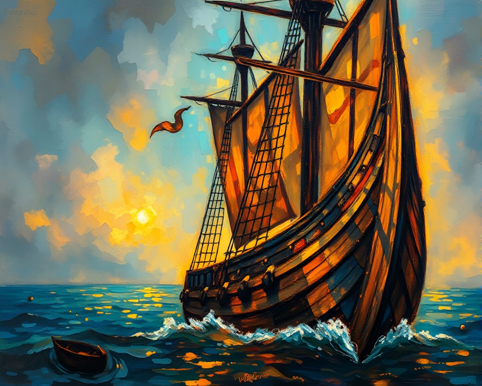 Extremely close-up view of Viking longship in stained light