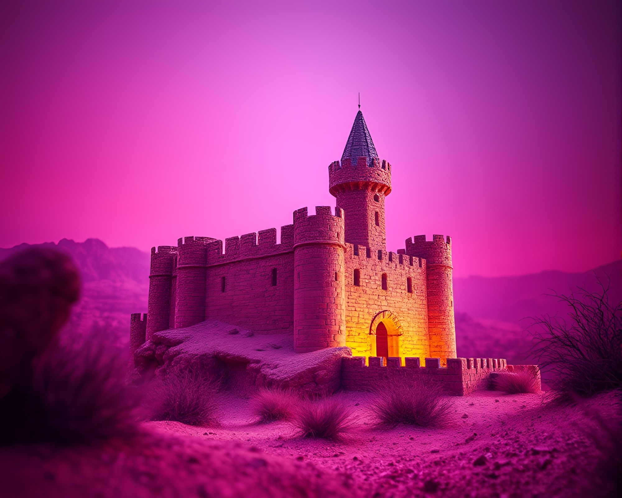 Neon Deserted Castle Scratch Texture Macro Photography – free AI stock image