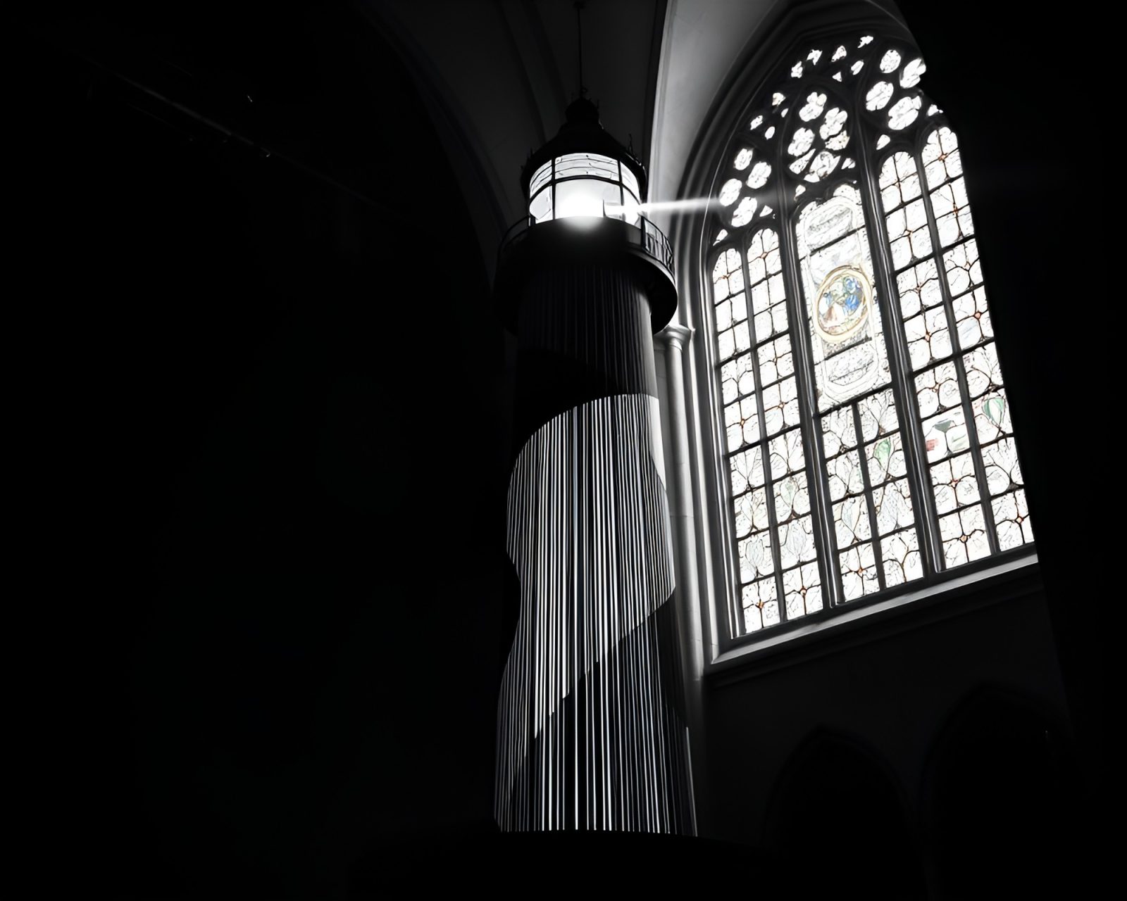 Dark cathedral-like atmosphere with barcode-striped lighthouse