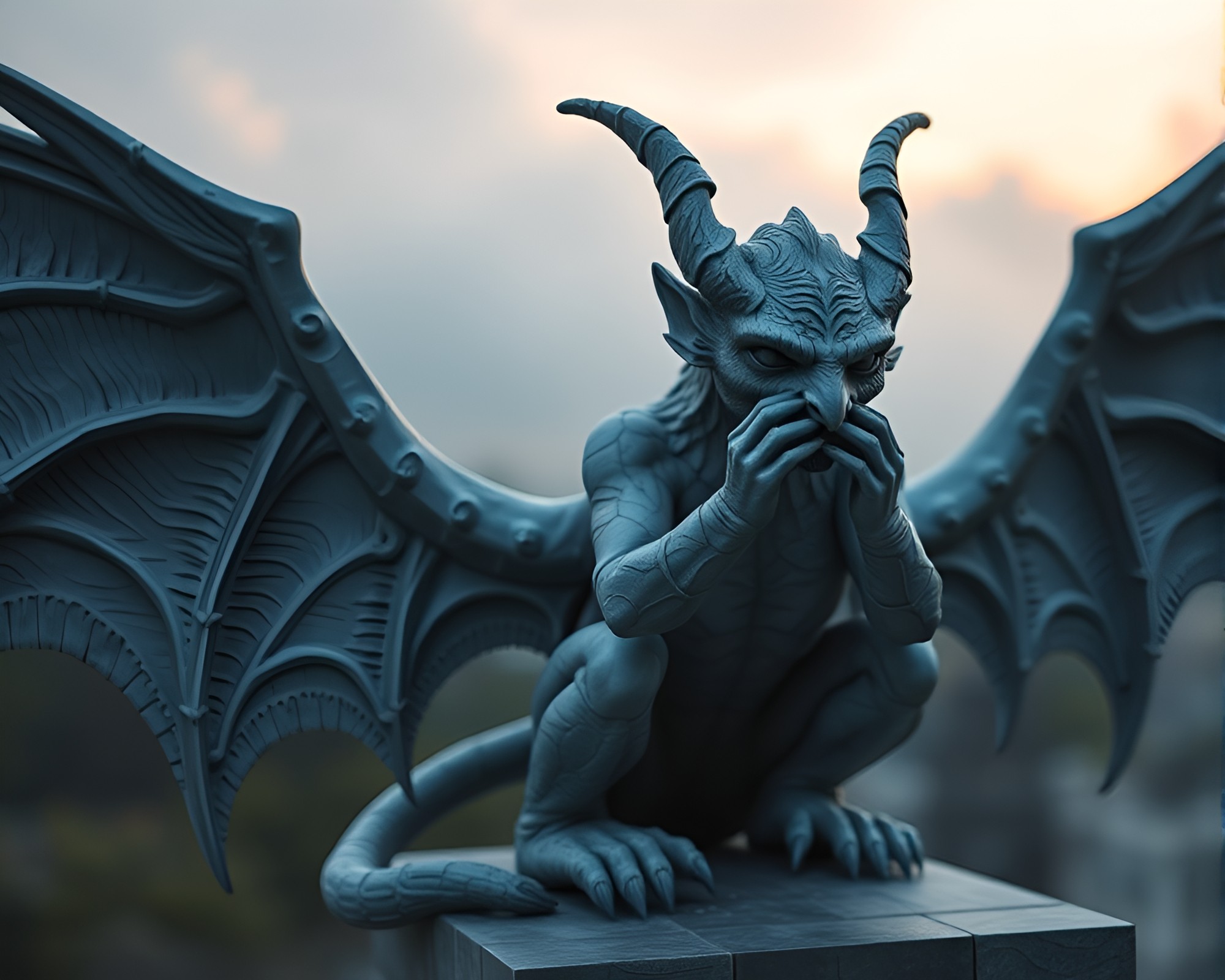 Dawn Mist Shrouded Gargoyle Statue Composition – free AI stock image