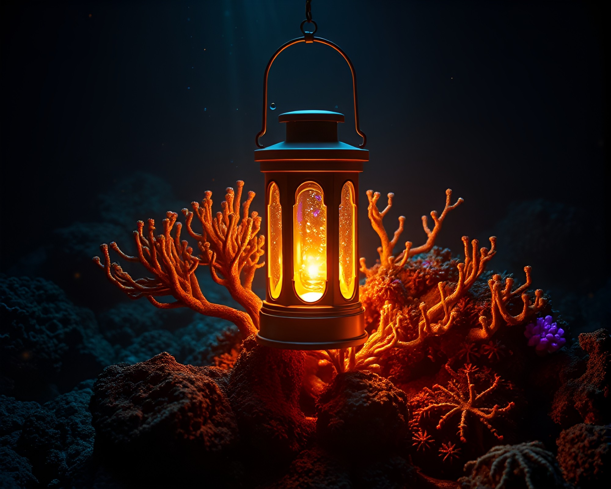 Holographic Lantern lighting an Off-Center Reef Scene – free AI stock image