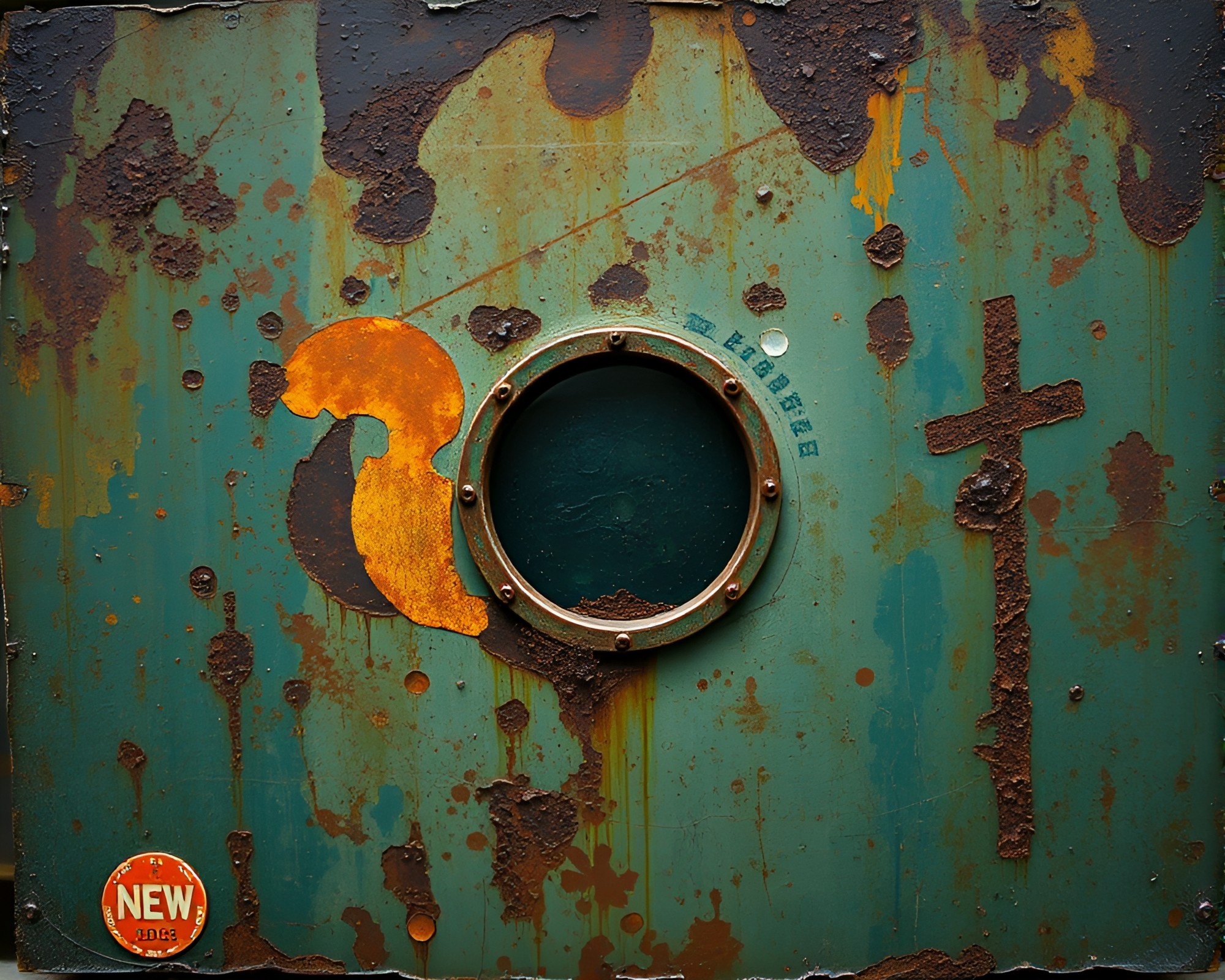 Decaying Submarine in Underwater Rust Patina Collage – free AI stock image