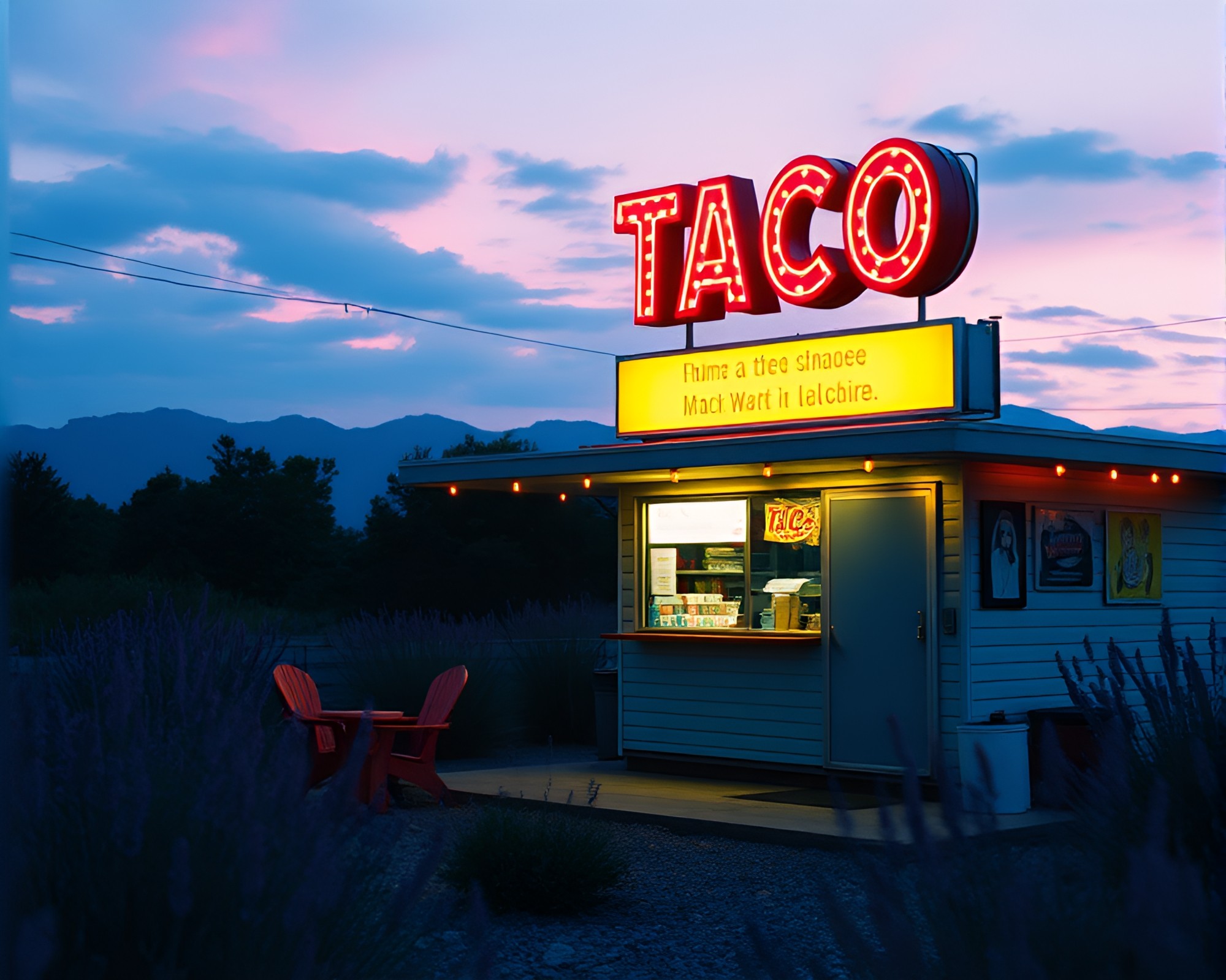 Surreal Taco Stand at Lavender Twilight with Film Burns – free AI stock image