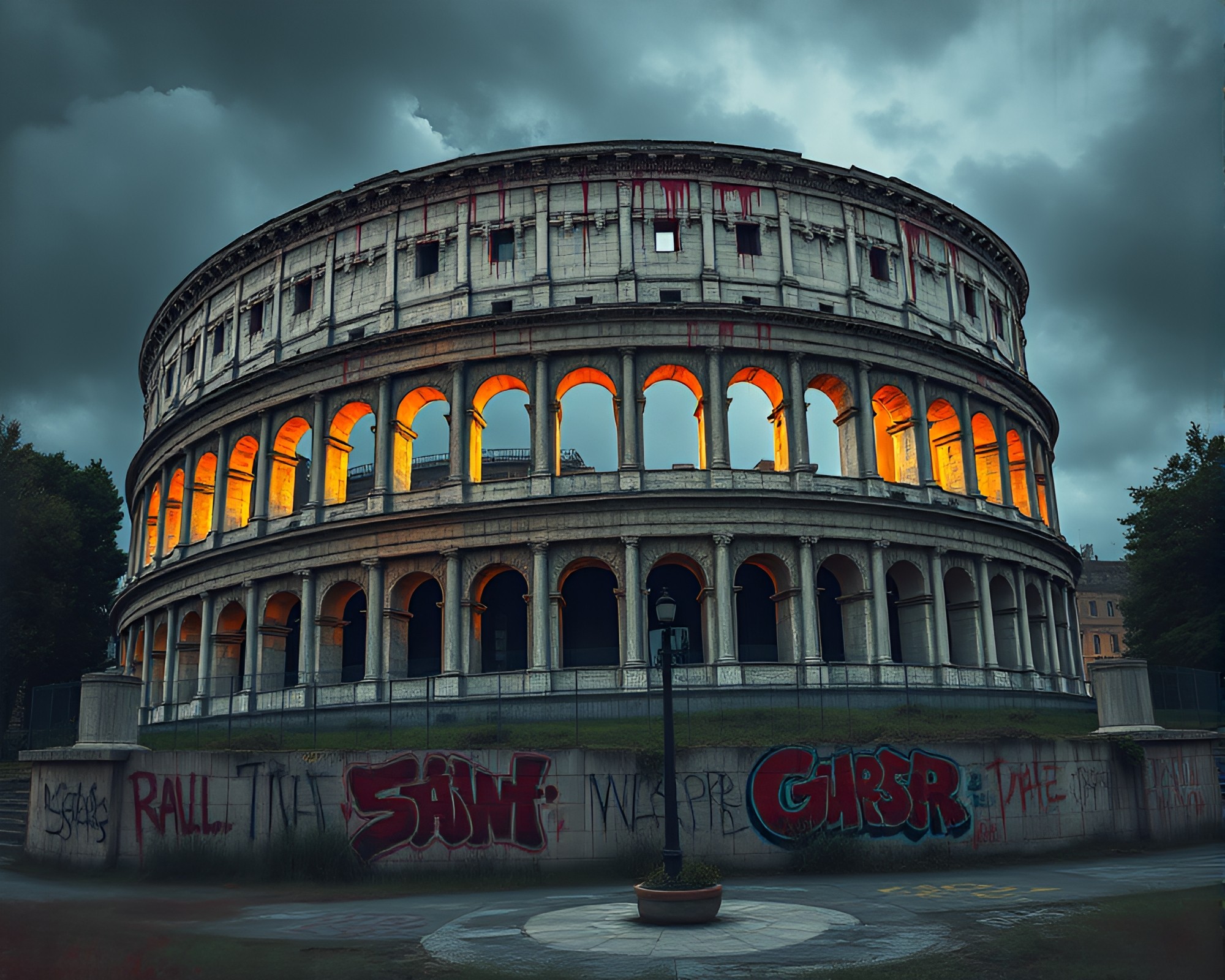 Graffiti Drips Transform Roman Coliseum in Pastel Drawing – free AI stock image