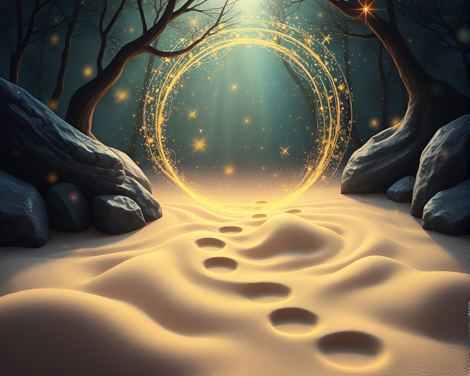 Fairy lights illuminate a futuristic Zen garden with intricate sand swirls