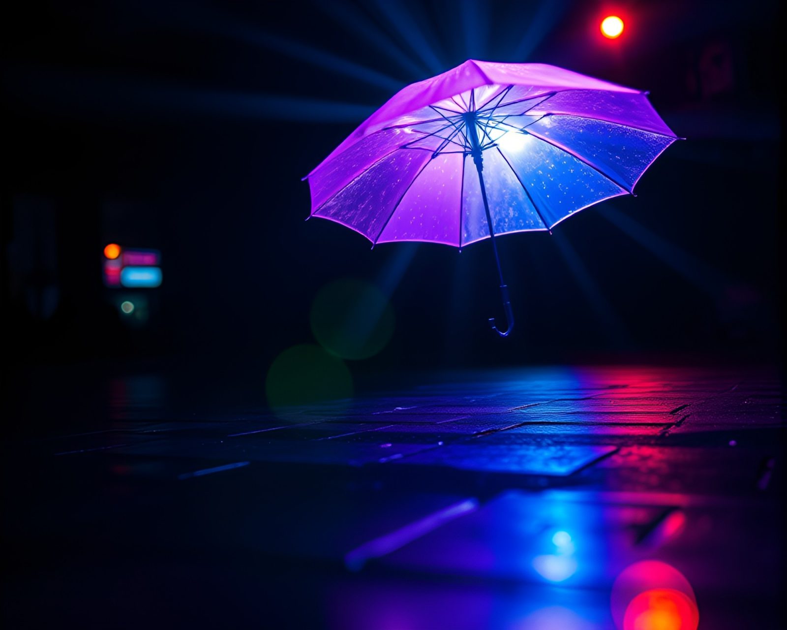 Glowing neon umbrella in close-up with lens flare